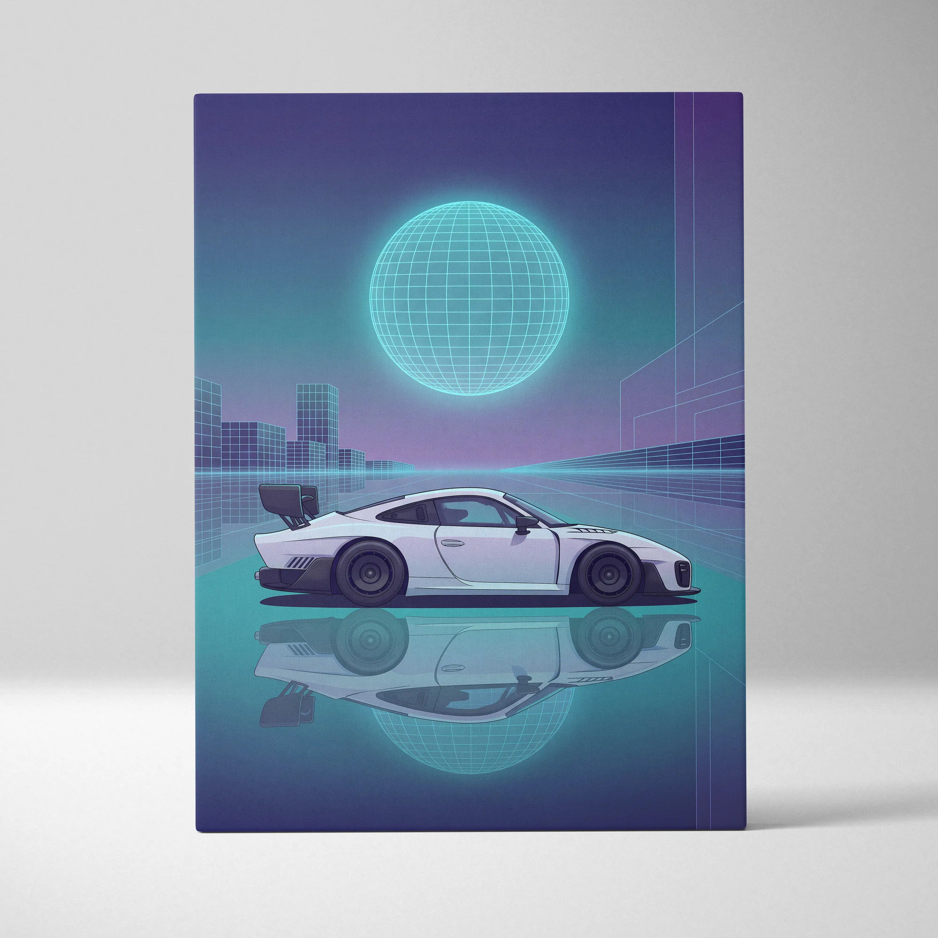 Porsche 935 Inspired White Teal Canvas Wall Art Vaporwave Race Car Artwork Neon Grid Garage Decor Retro Futuristic Motorsport Print