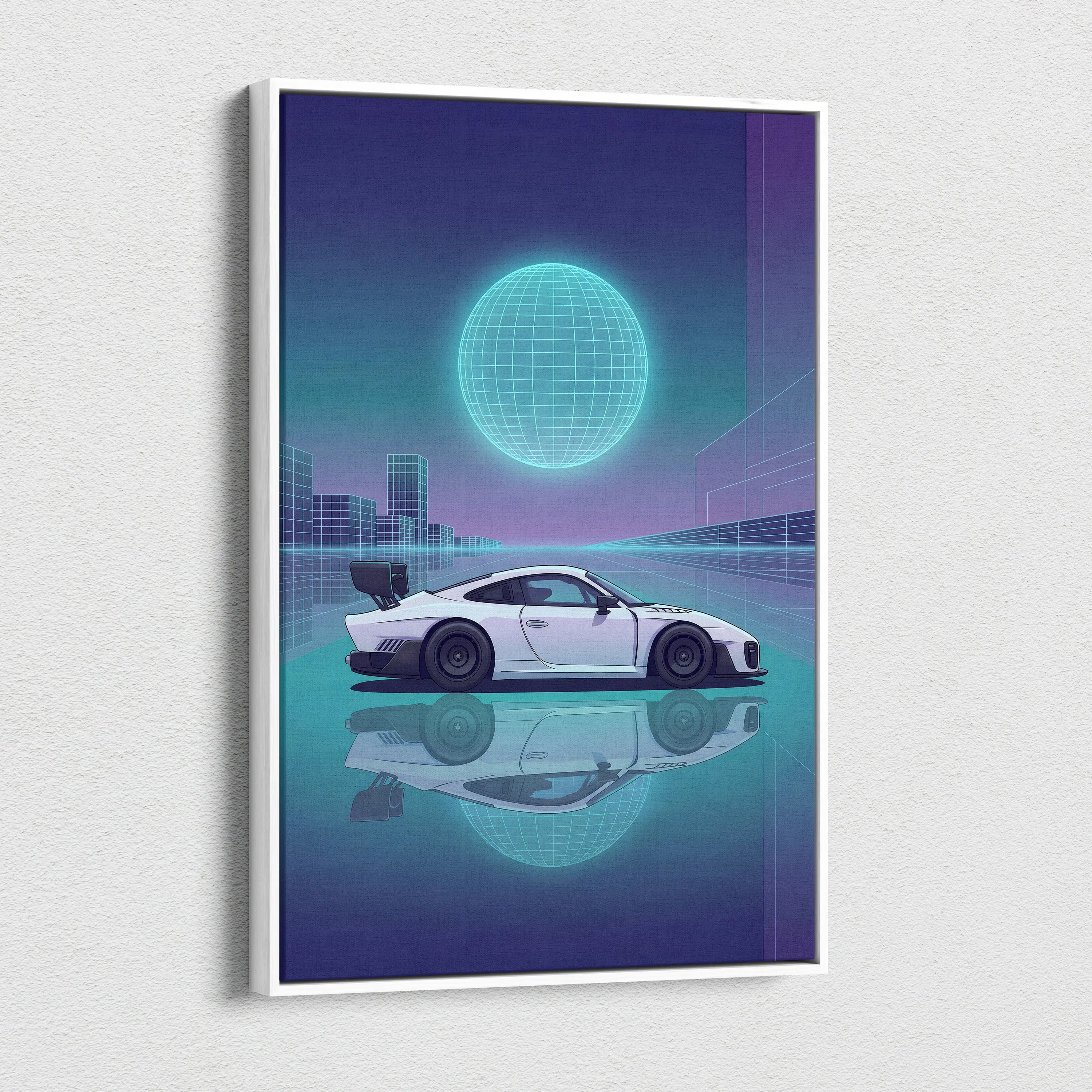 Porsche 935 Inspired White Teal Canvas Wall Art Vaporwave Race Car Artwork Neon Grid Garage Decor Retro Futuristic Motorsport Print