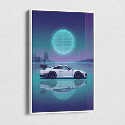 Porsche 935 Inspired White Teal Canvas Wall Art Vaporwave Race Car Artwork Neon Grid Garage Decor Retro Futuristic Motorsport Print