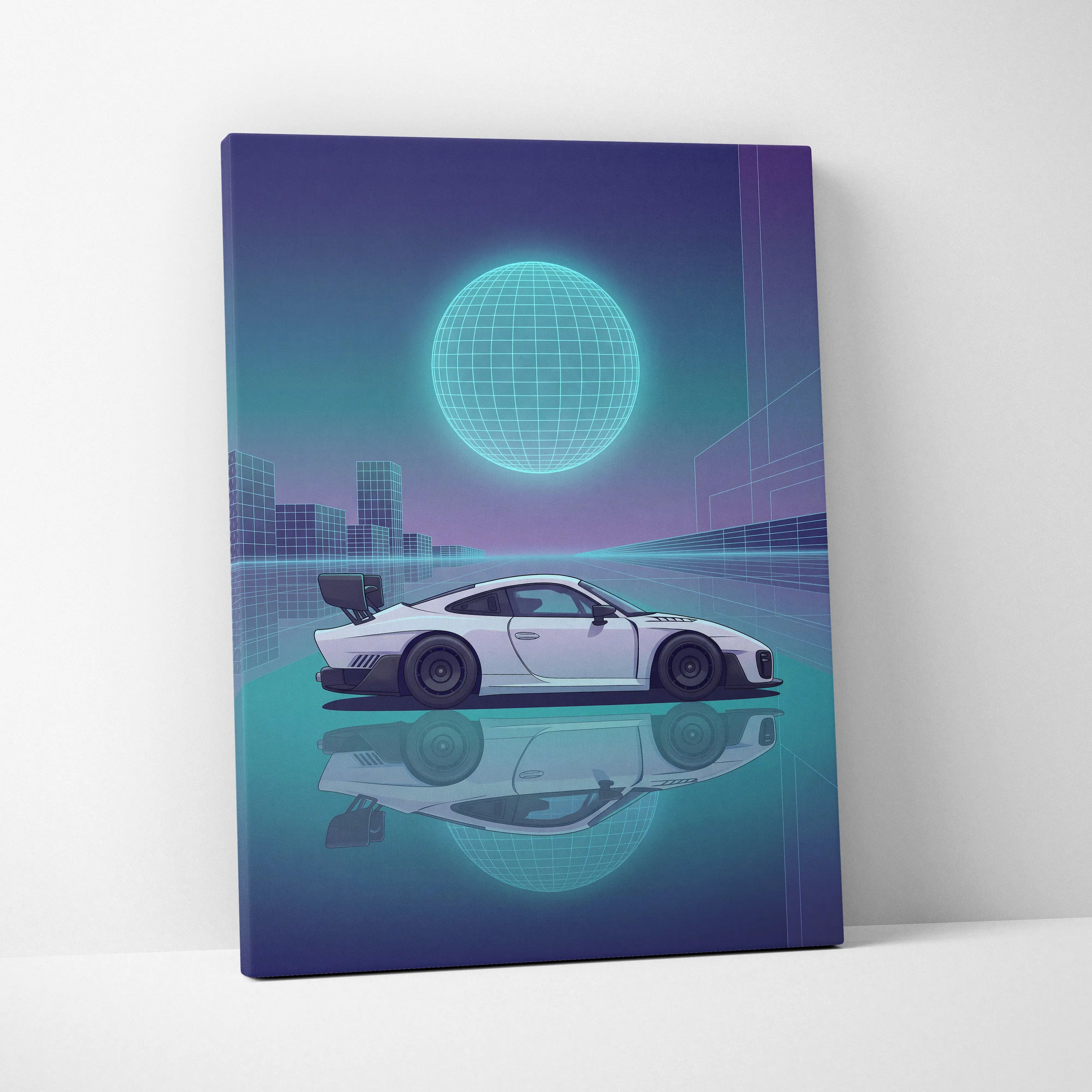 Porsche 935 Inspired White Teal Canvas Wall Art Vaporwave Race Car Artwork Neon Grid Garage Decor Retro Futuristic Motorsport Print