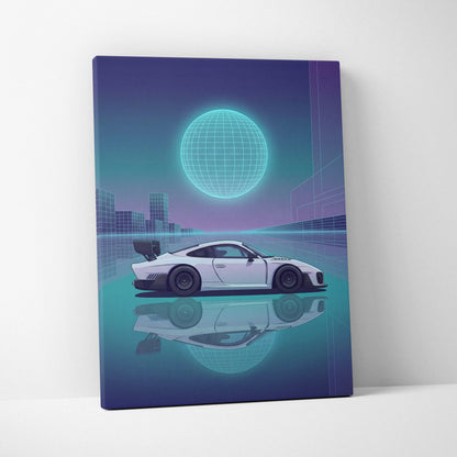 Porsche 935 Inspired White Teal Canvas Wall Art Vaporwave Race Car Artwork Neon Grid Garage Decor Retro Futuristic Motorsport Print