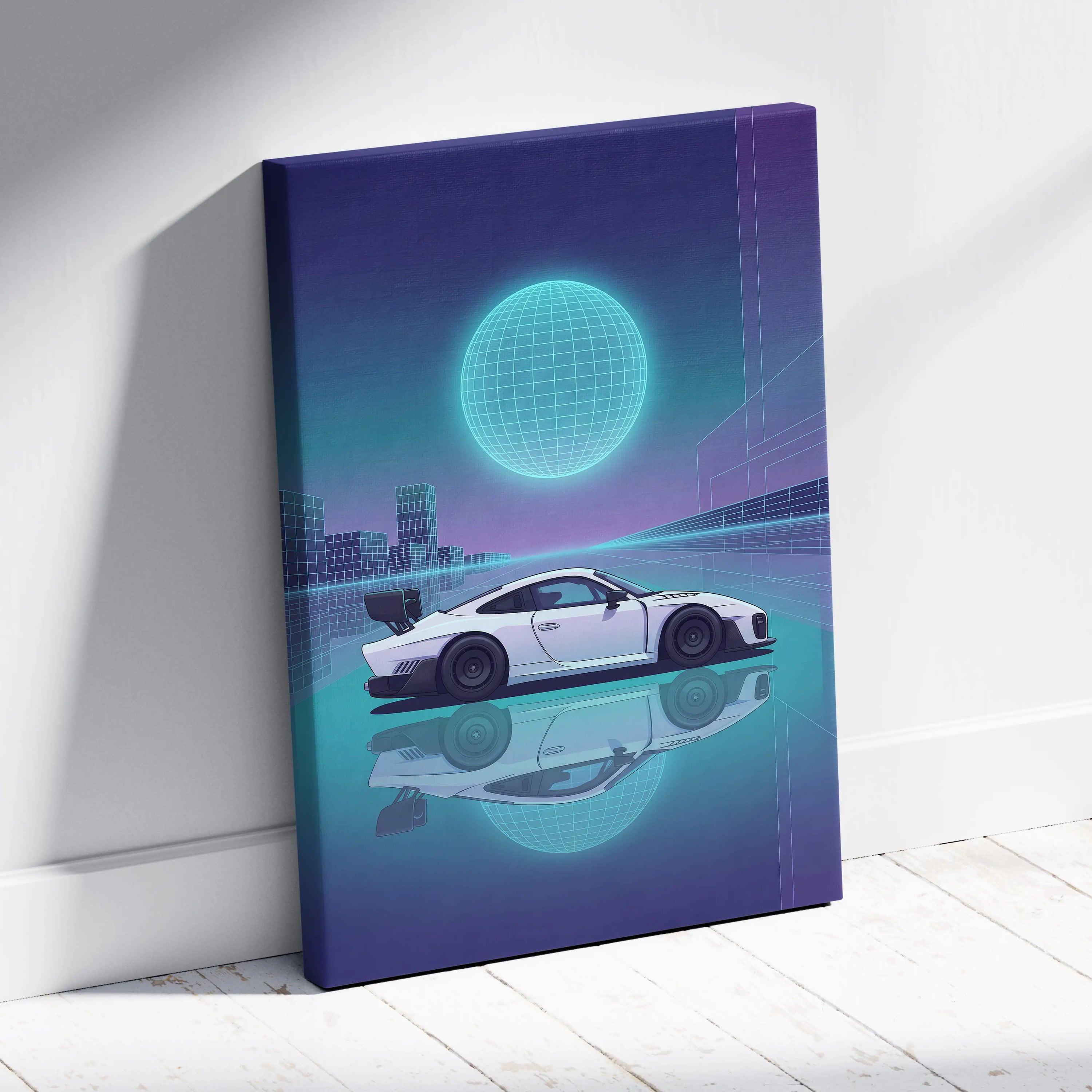 Porsche 935 Inspired White Teal Canvas Wall Art Vaporwave Race Car Artwork Neon Grid Garage Decor Retro Futuristic Motorsport Print