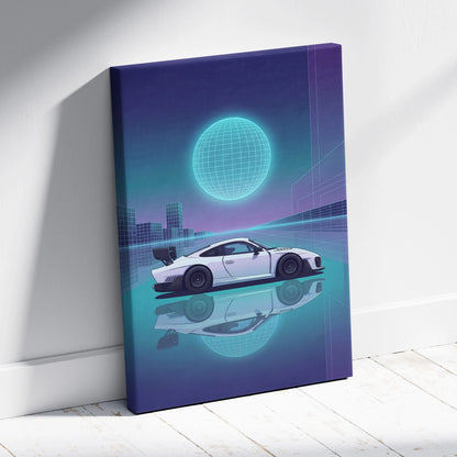 Porsche 935 Inspired White Teal Canvas Wall Art Vaporwave Race Car Artwork Neon Grid Garage Decor Retro Futuristic Motorsport Print