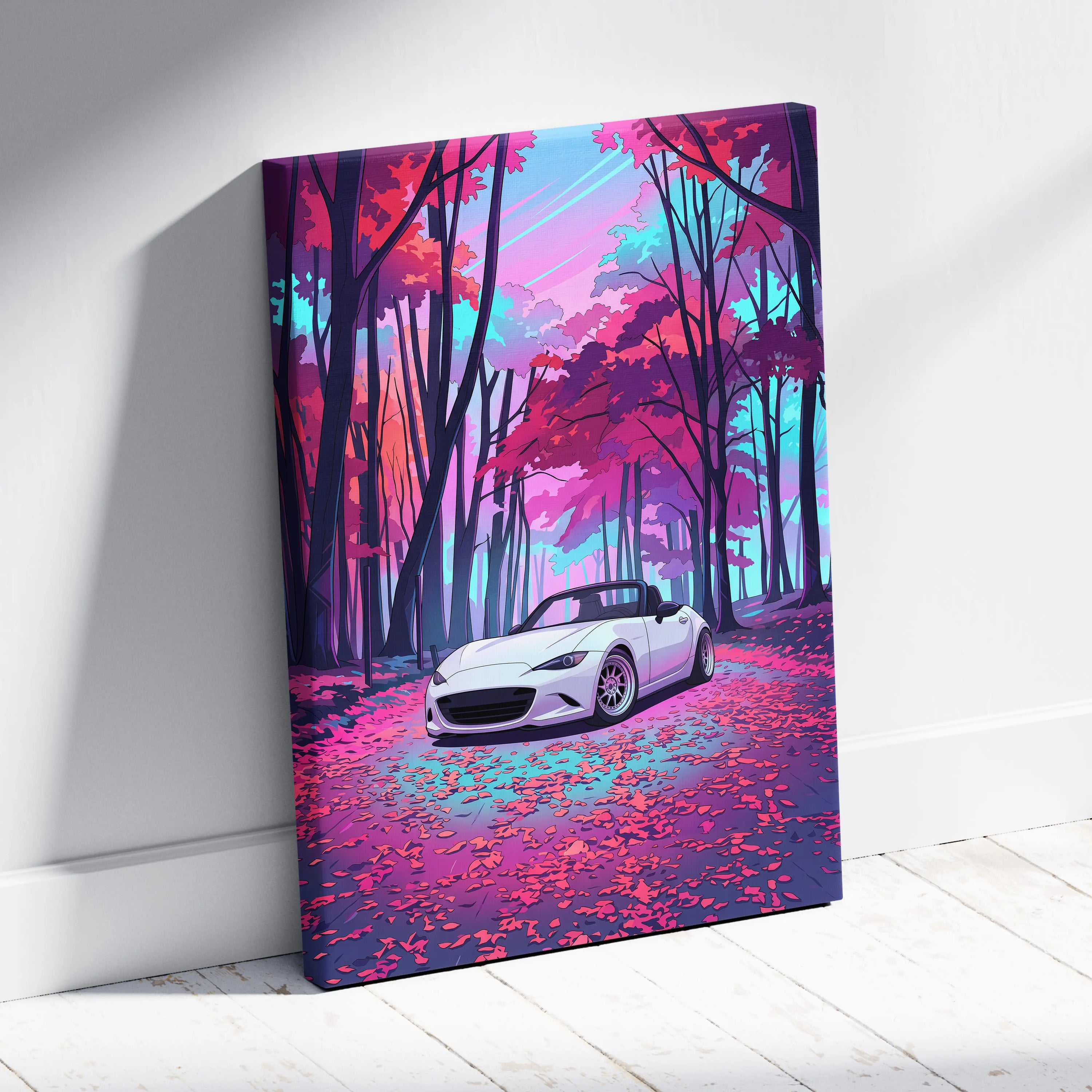 Mazda Miata Inspired Vaporwave Car Canvas - Car Vaporwave Neon Pink Purple Living Room Teal Retro-Futuristic Nostalgic Mood Decor