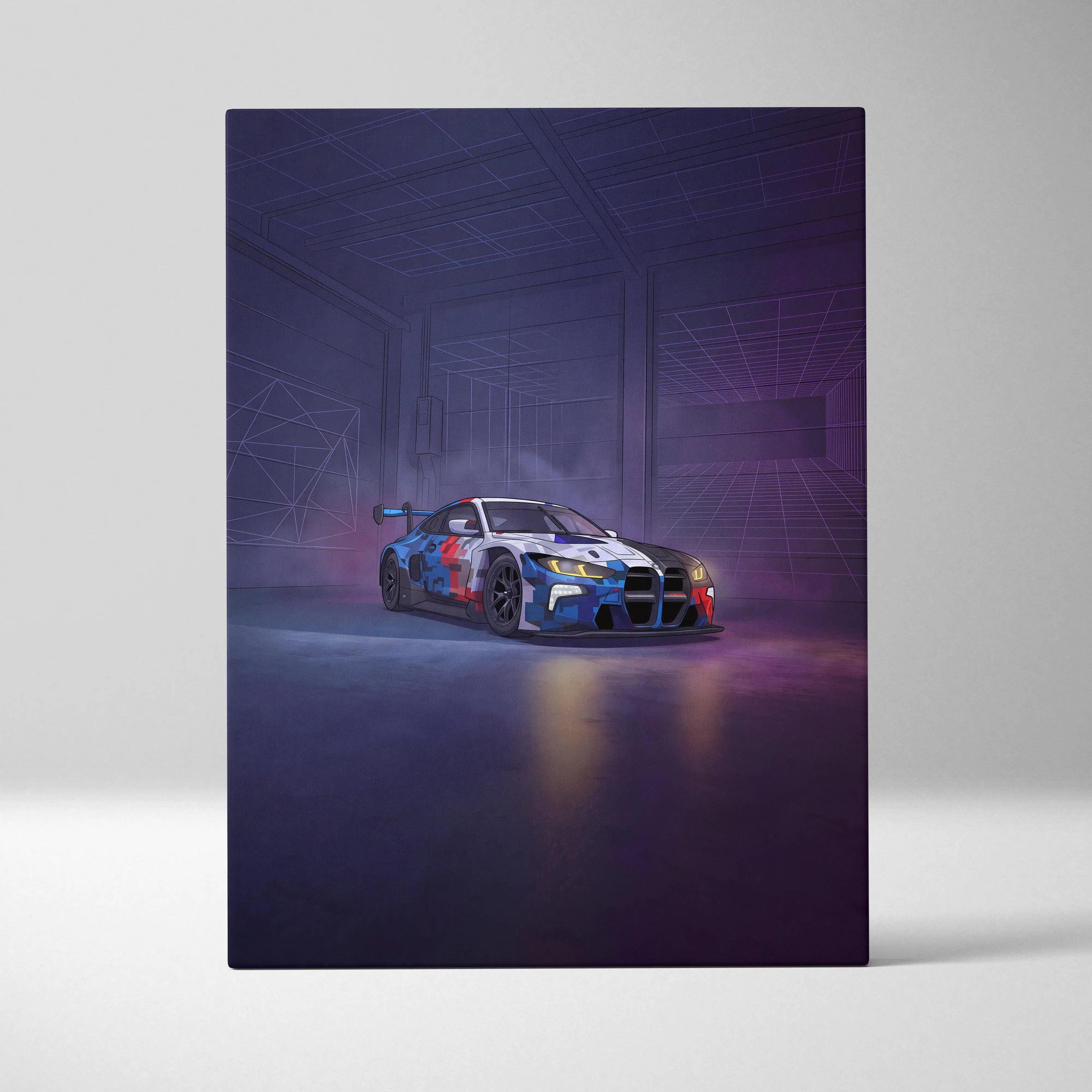 BMW M4 GT3 Inspired Vaporwave Car Canvas - Car Neon Purple Blue Living Room Vaporwave Nostalgic energy neon decor car wall art canvas