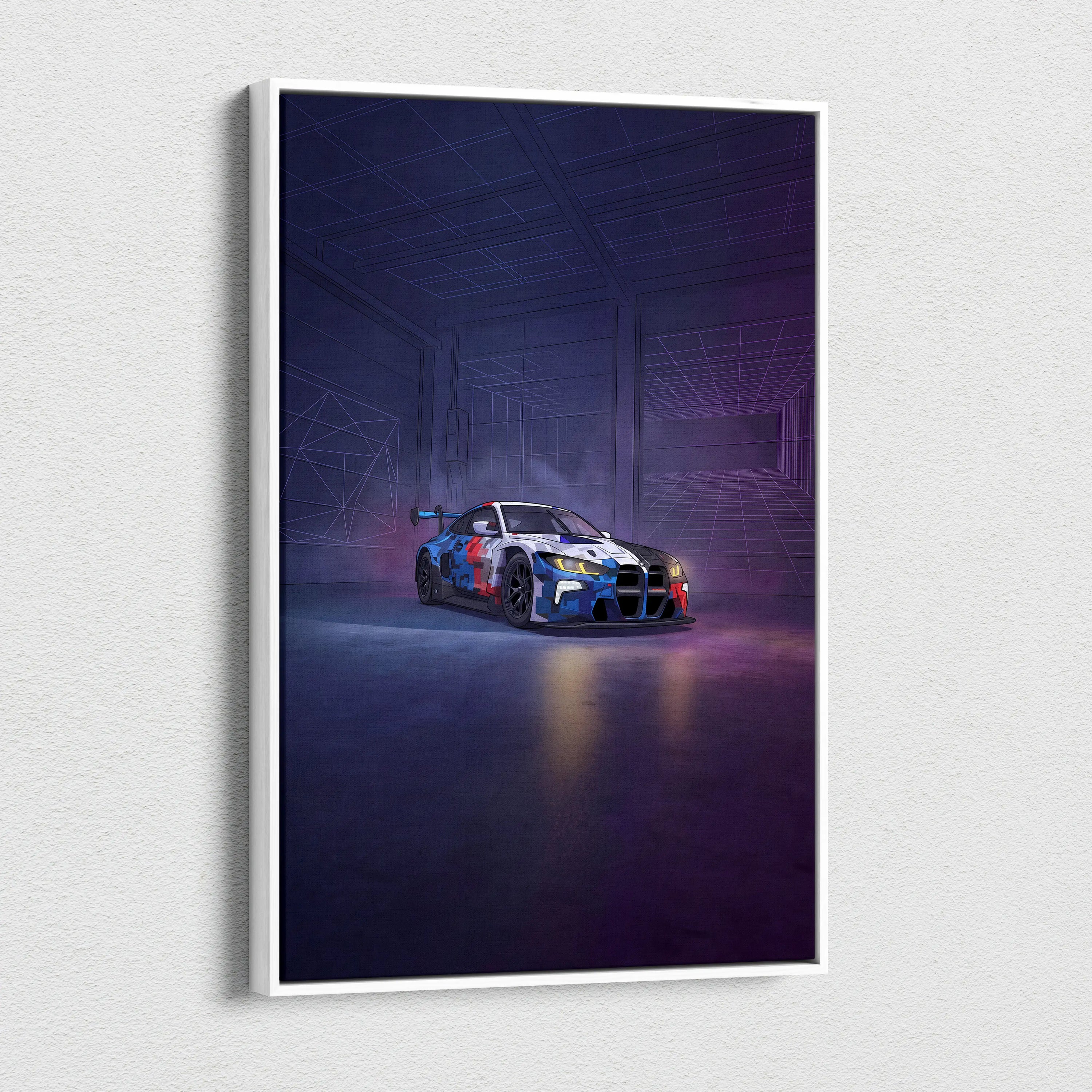 BMW M4 GT3 Inspired Vaporwave Car Canvas - Car Neon Purple Blue Living Room Vaporwave Nostalgic energy neon decor car wall art canvas