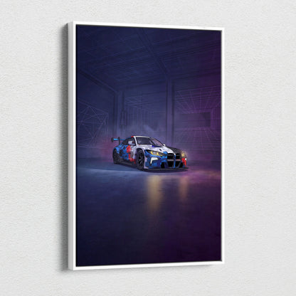BMW M4 GT3 Inspired Vaporwave Car Canvas - Car Neon Purple Blue Living Room Vaporwave Nostalgic energy neon decor car wall art canvas