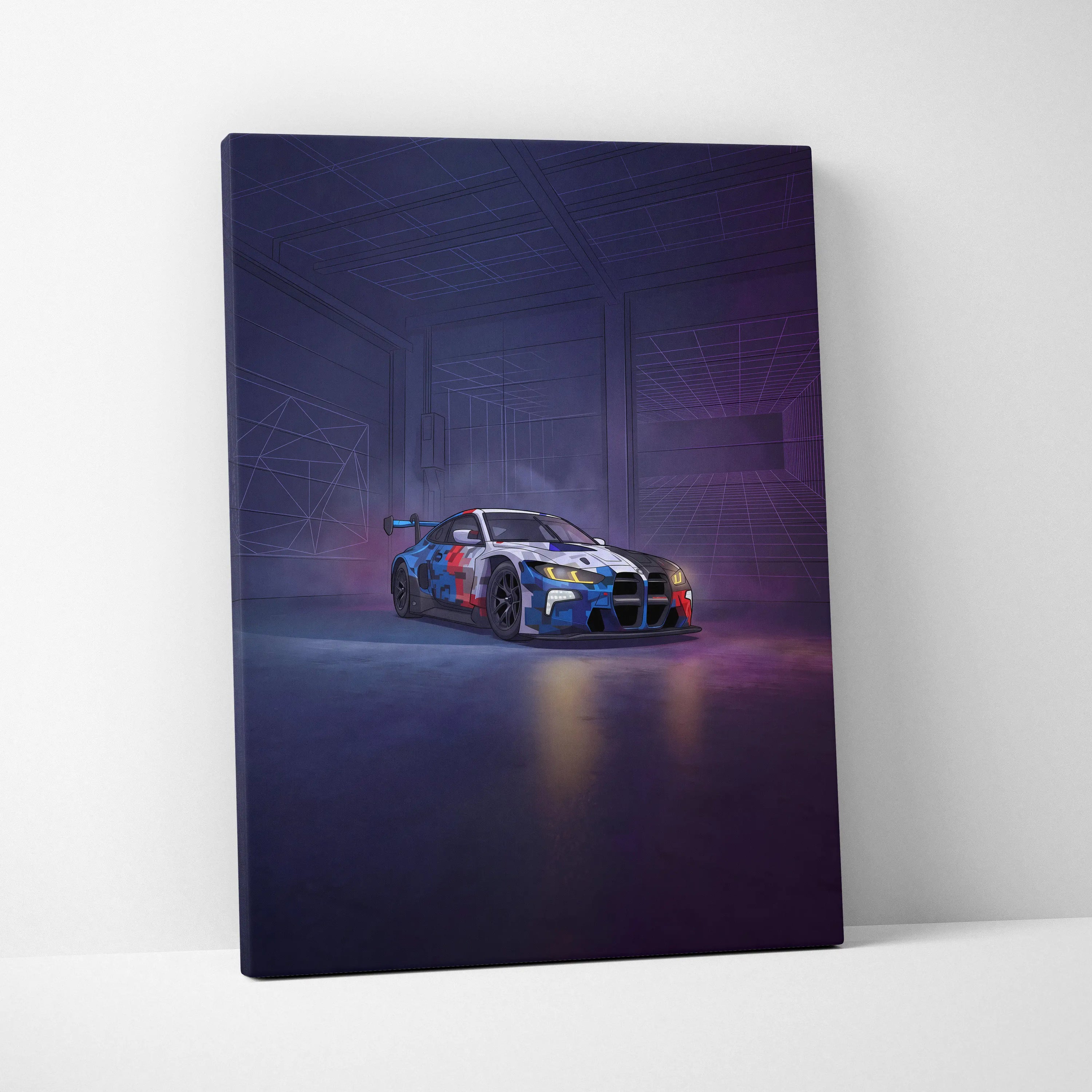 BMW M4 GT3 Inspired Vaporwave Car Canvas - Car Neon Purple Blue Living Room Vaporwave Nostalgic energy neon decor car wall art canvas
