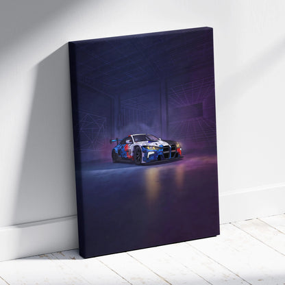 BMW M4 GT3 Inspired Vaporwave Car Canvas - Car Neon Purple Blue Living Room Vaporwave Nostalgic energy neon decor car wall art canvas