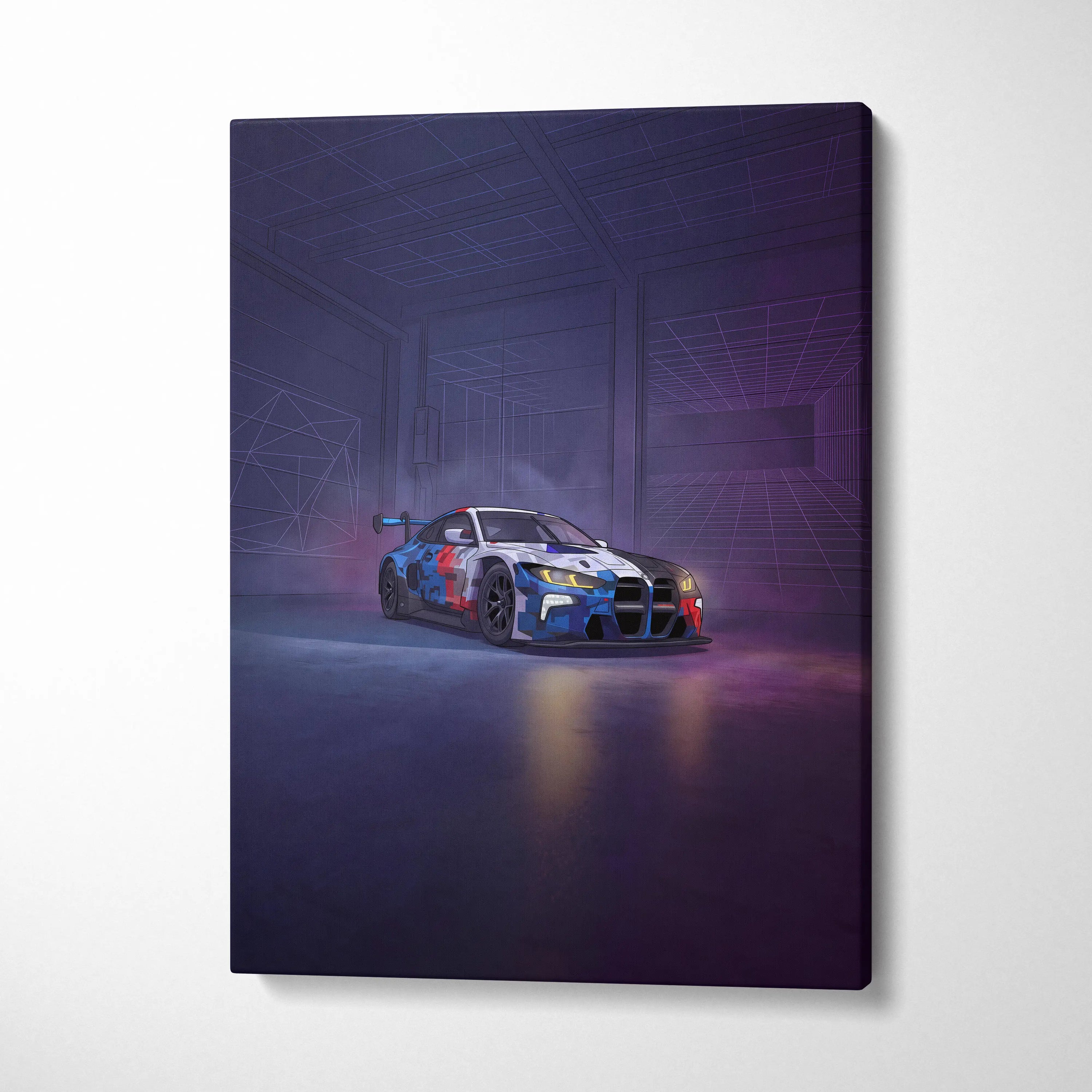 BMW M4 GT3 Inspired Vaporwave Car Canvas - Car Neon Purple Blue Living Room Vaporwave Nostalgic energy neon decor car wall art canvas
