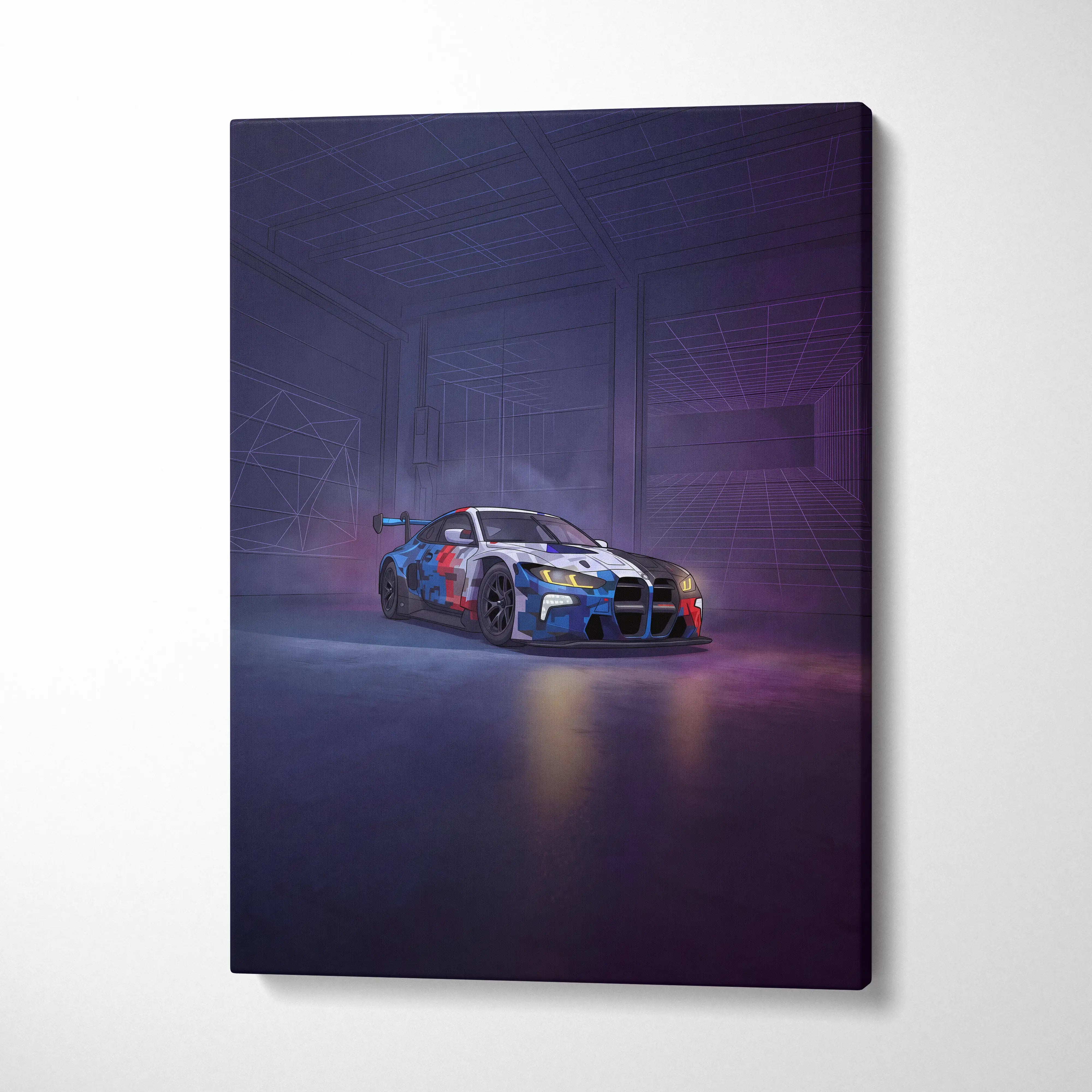 BMW M4 GT3 Inspired Vaporwave Car Canvas - Car Neon Purple Blue Living Room Vaporwave Nostalgic energy neon decor car wall art canvas