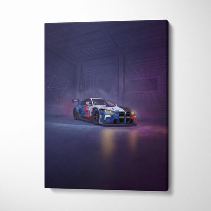 BMW M4 GT3 Inspired Vaporwave Car Canvas - Car Neon Purple Blue Living Room Vaporwave Nostalgic energy neon decor car wall art canvas