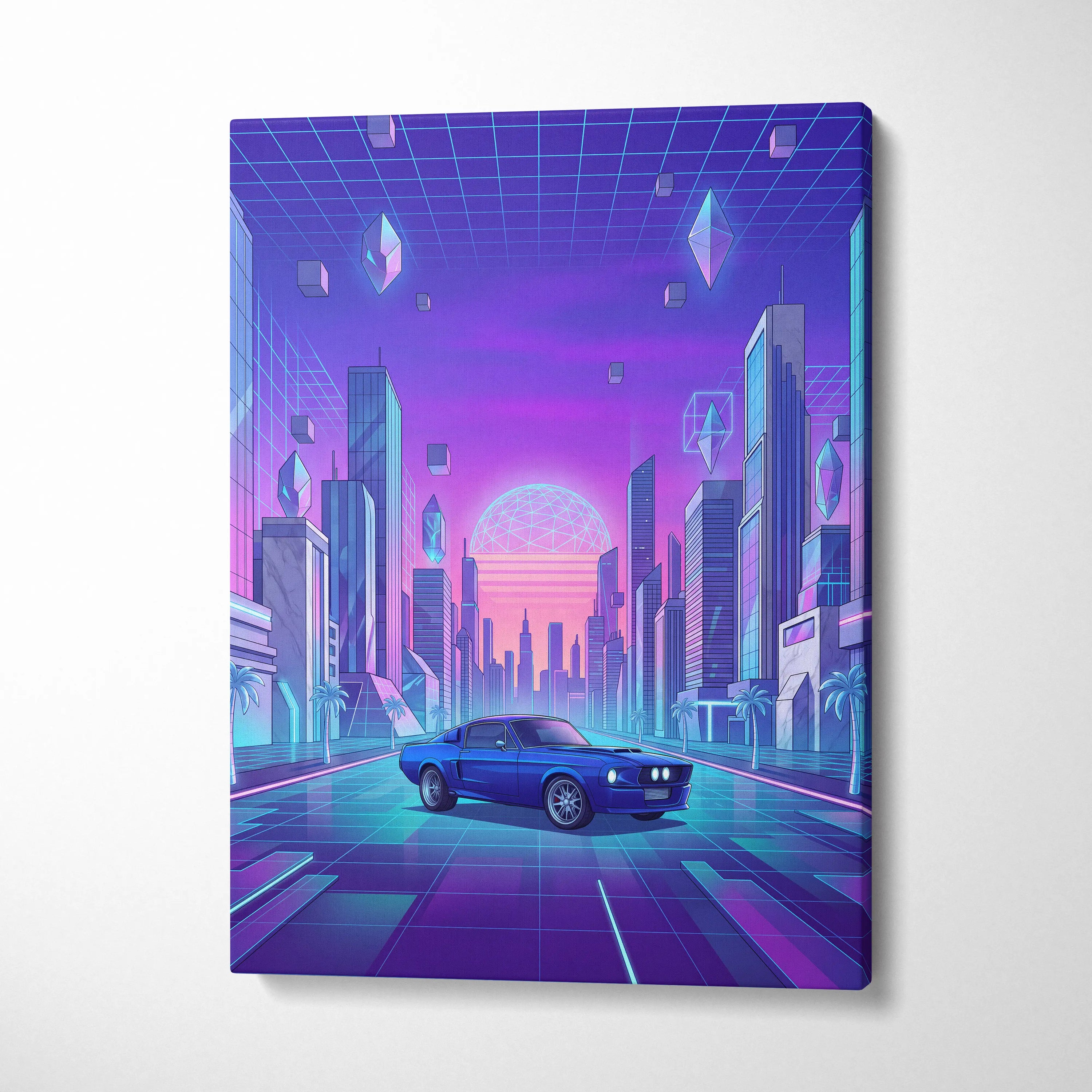 Ford Mustang Fastback Inspired Blue Purple Canvas Wall Art Vaporwave Neon City Muscle Car Artwork, Retro Cyberpunk Garage Decor
