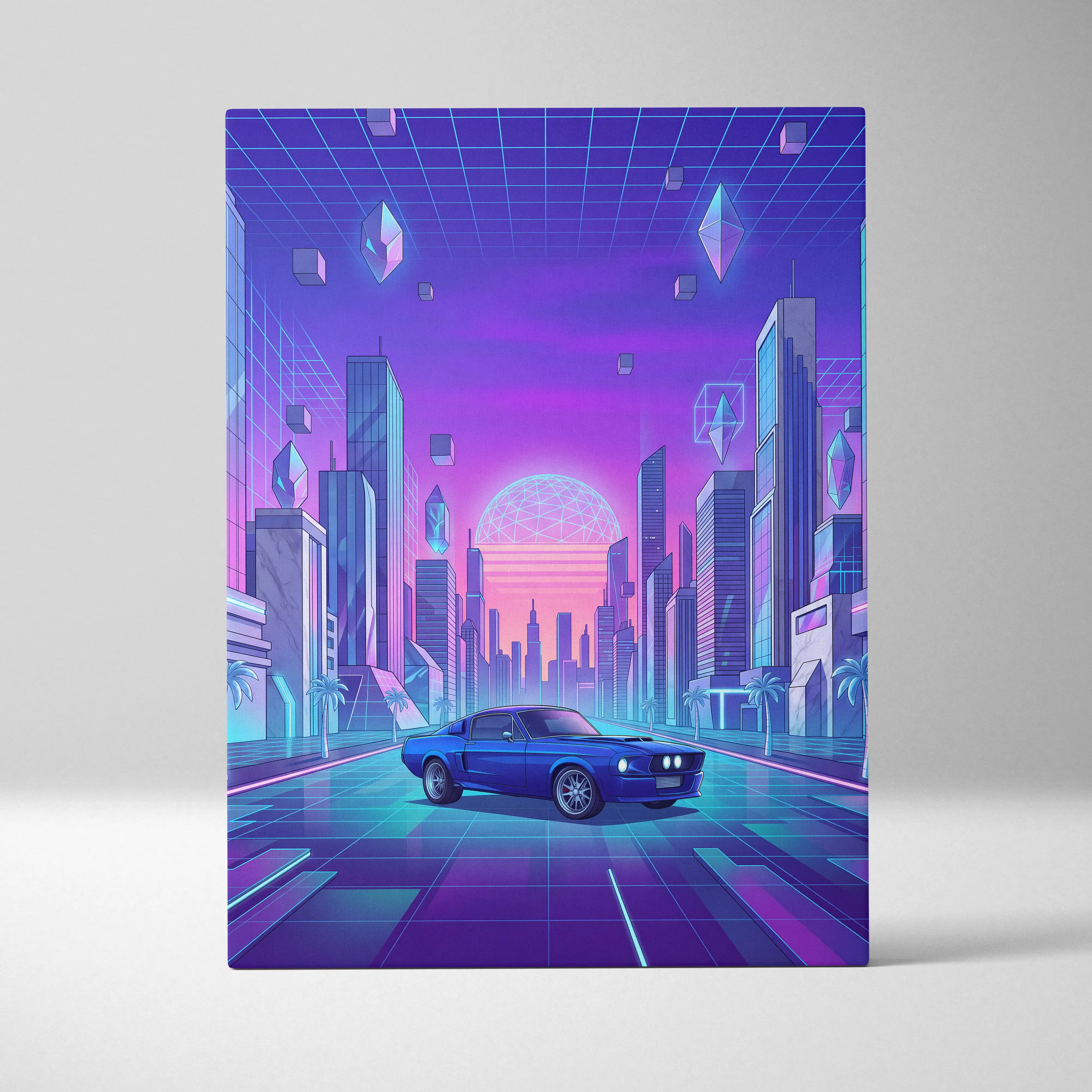 Ford Mustang Fastback Inspired Blue Purple Canvas Wall Art Vaporwave Neon City Muscle Car Artwork, Retro Cyberpunk Garage Decor