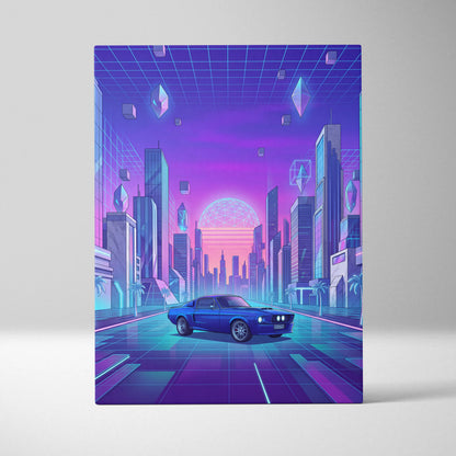 Ford Mustang Fastback Inspired Blue Purple Canvas Wall Art Vaporwave Neon City Muscle Car Artwork, Retro Cyberpunk Garage Decor