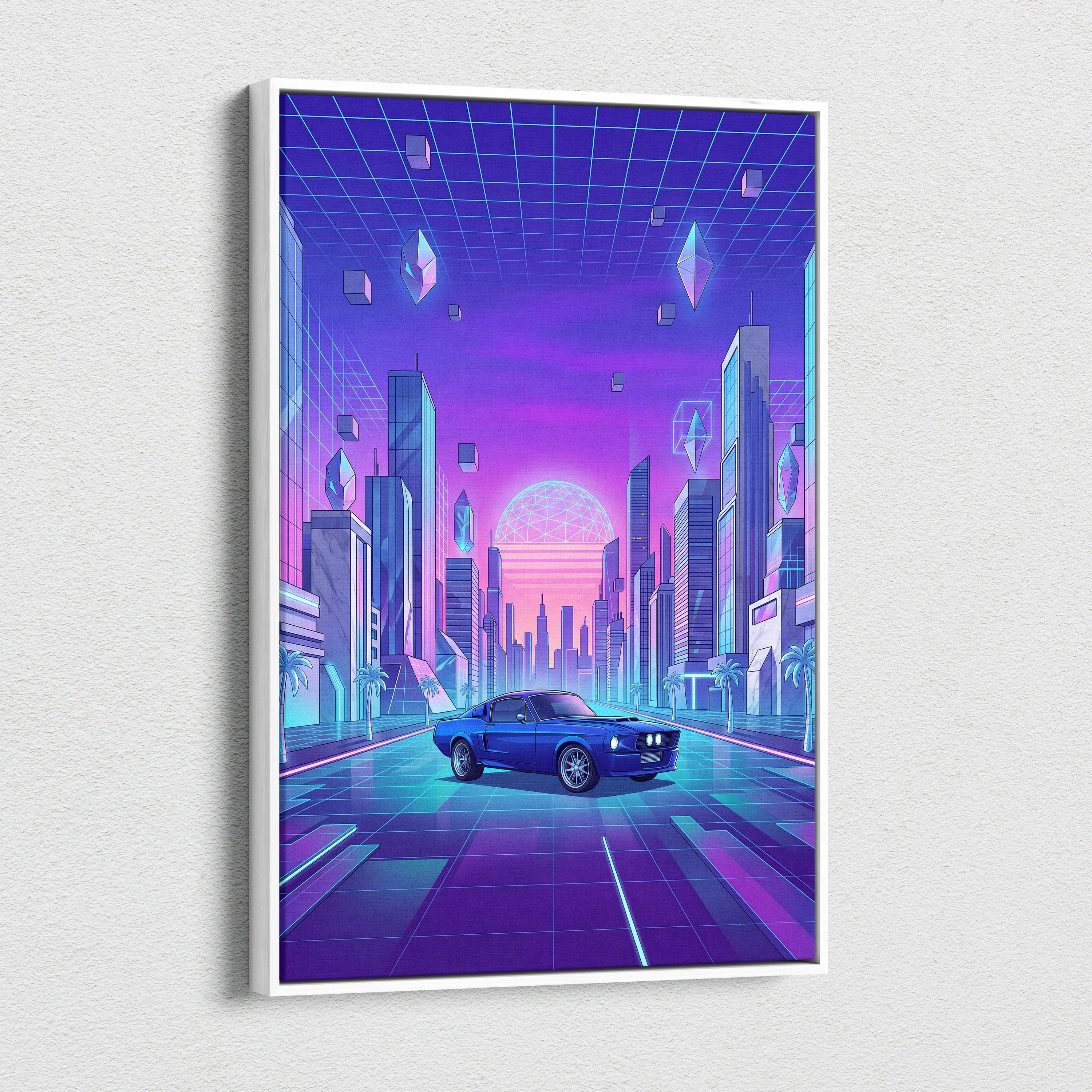 Ford Mustang Fastback Inspired Blue Purple Canvas Wall Art Vaporwave Neon City Muscle Car Artwork, Retro Cyberpunk Garage Decor