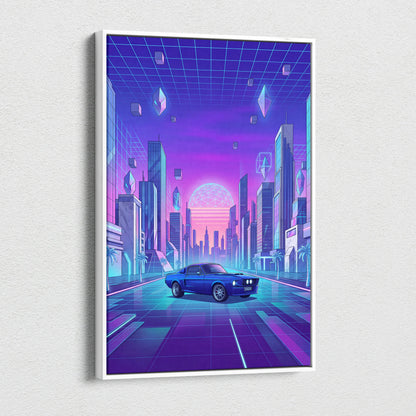Ford Mustang Fastback Inspired Blue Purple Canvas Wall Art Vaporwave Neon City Muscle Car Artwork, Retro Cyberpunk Garage Decor