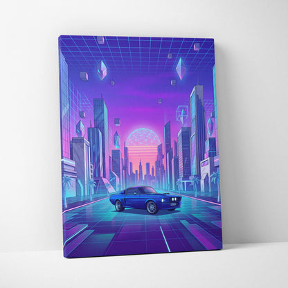 Ford Mustang Fastback Inspired Blue Purple Canvas Wall Art Vaporwave Neon City Muscle Car Artwork, Retro Cyberpunk Garage Decor