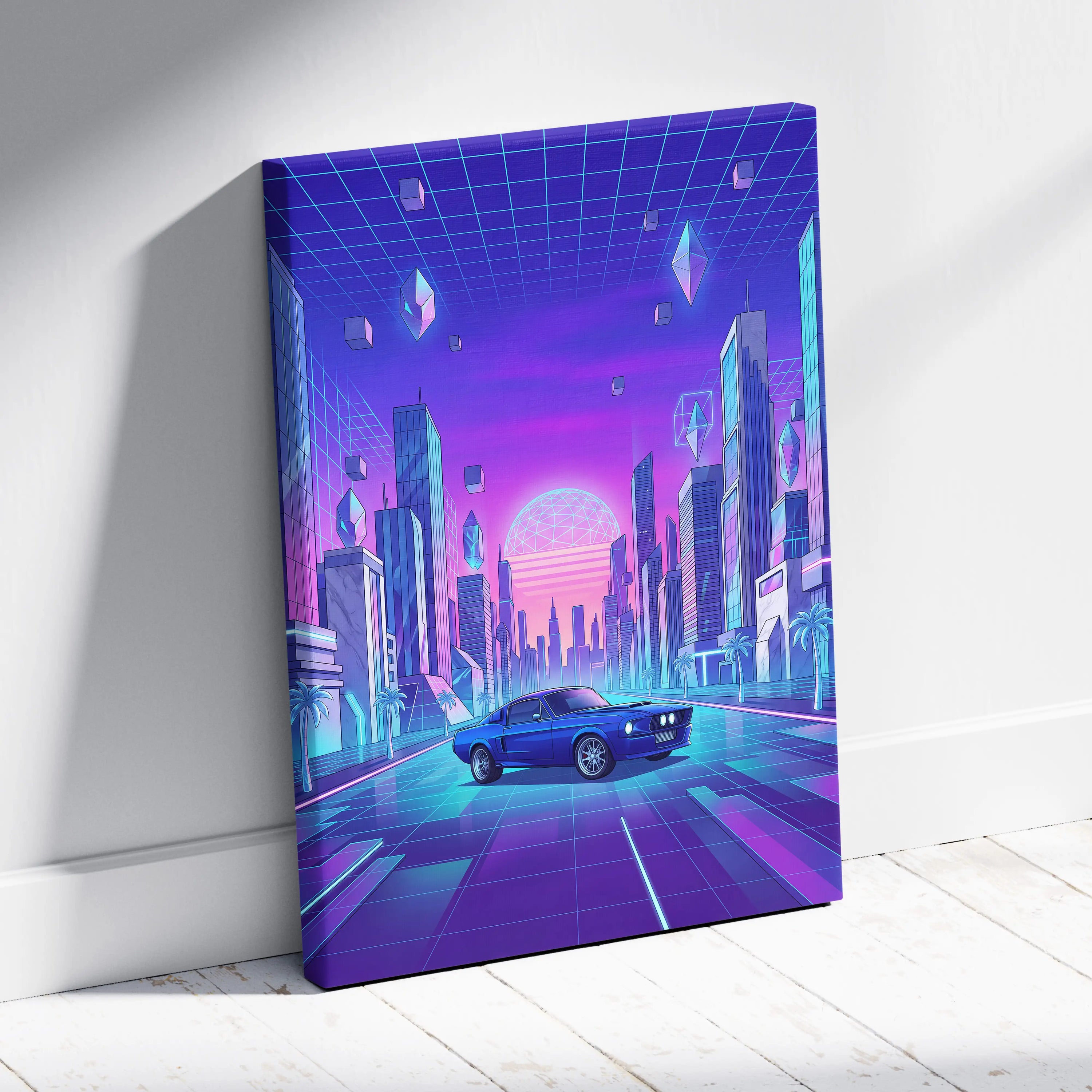Ford Mustang Fastback Inspired Blue Purple Canvas Wall Art Vaporwave Neon City Muscle Car Artwork, Retro Cyberpunk Garage Decor