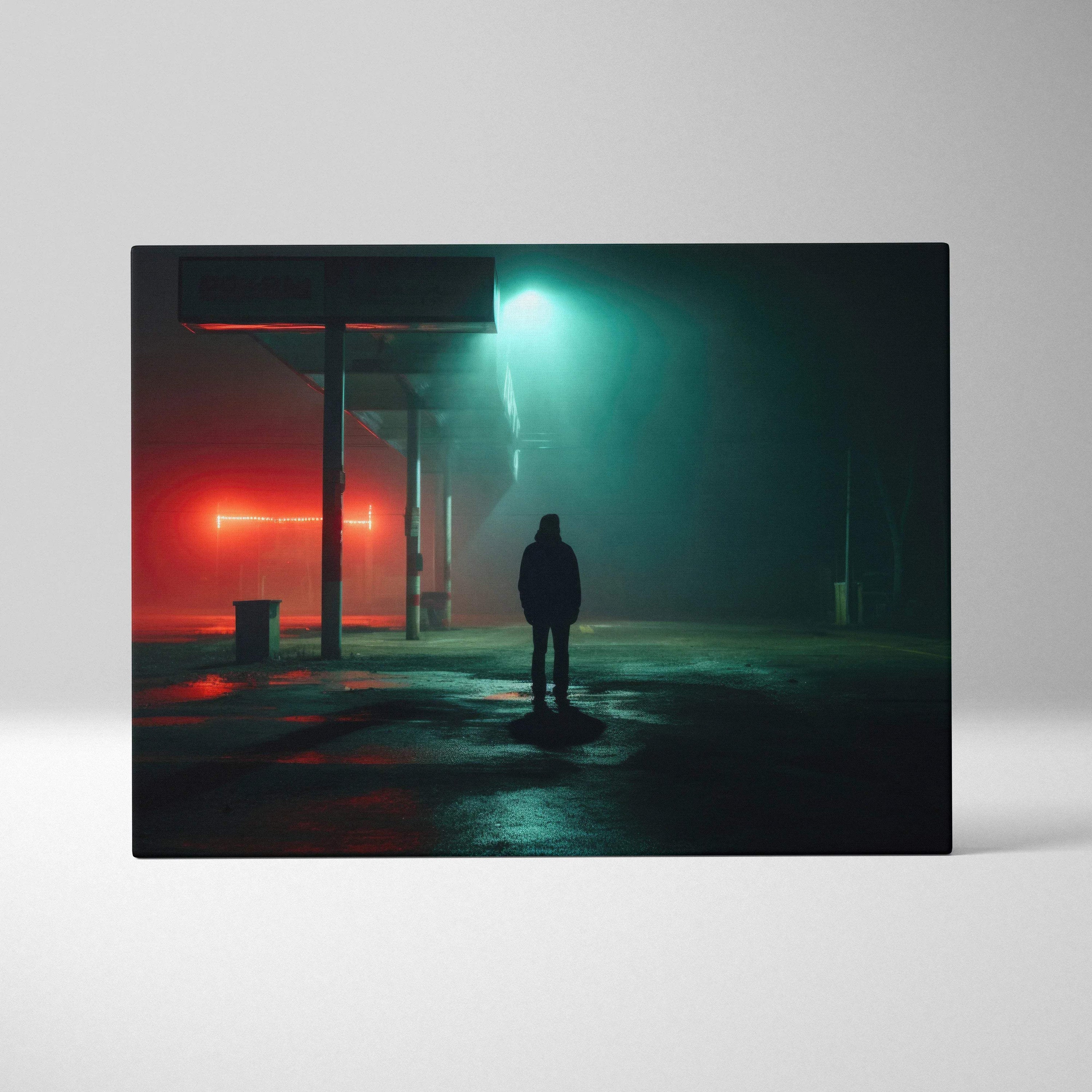 Surreal neon night canvas print: lone man in fog under teal crimson lights