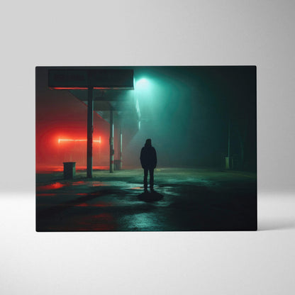 Surreal neon night canvas print: lone man in fog under teal crimson lights