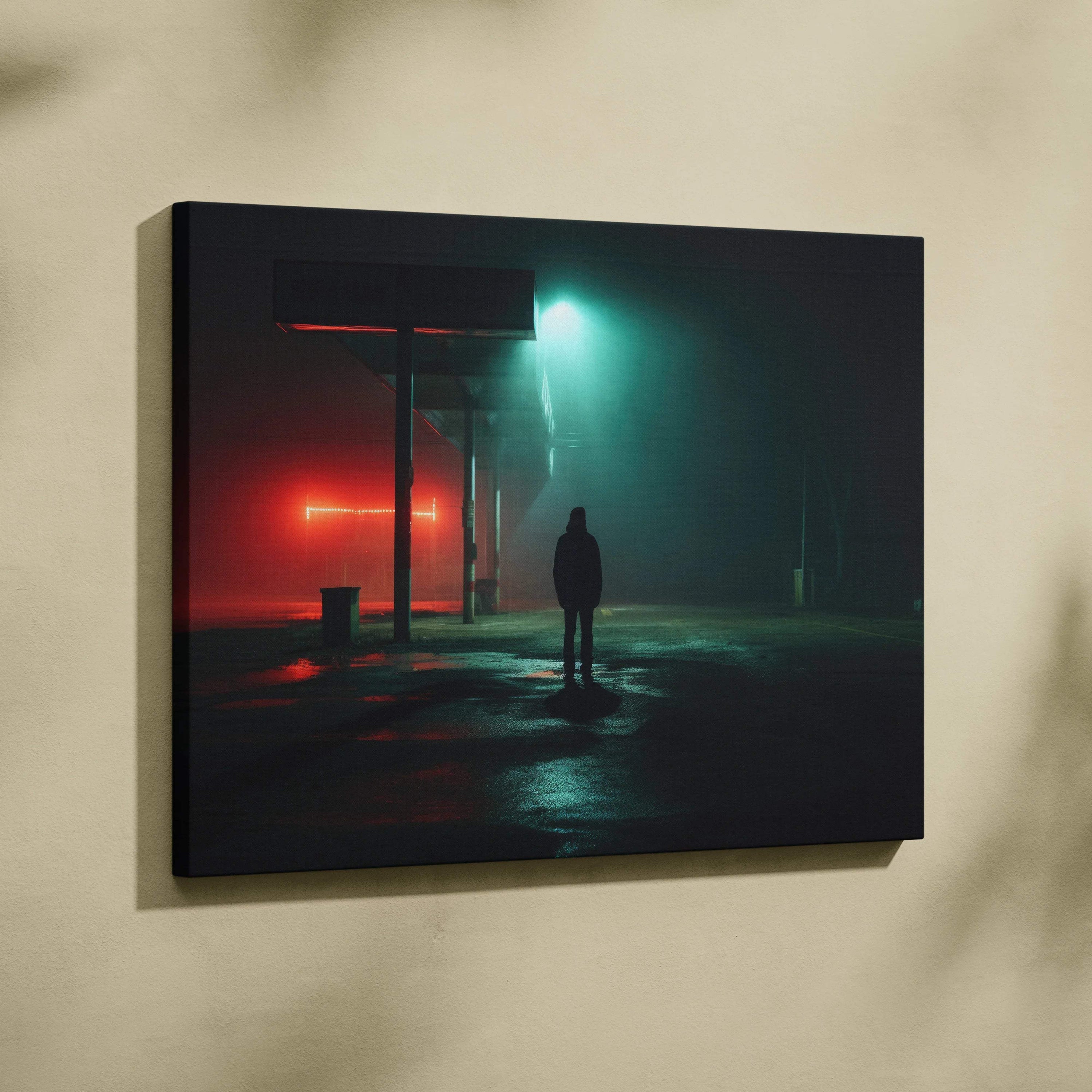 Canvas print of surreal neon night scene with lone man in fog under teal crimson lights