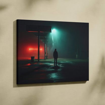 Canvas print of surreal neon night scene with lone man in fog under teal crimson lights