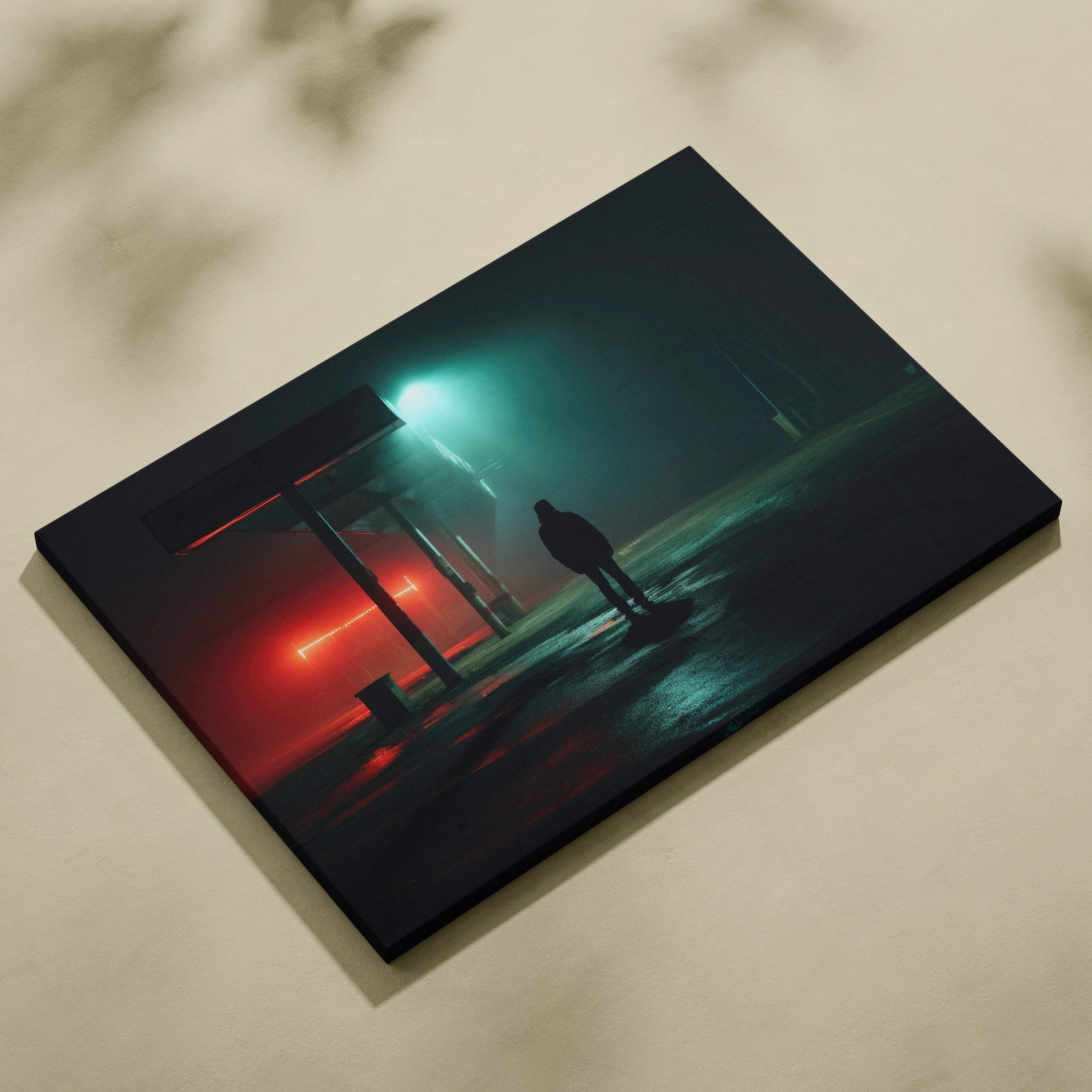 Black canvas print of lone man under neon torii gate in foggy teal crimson night