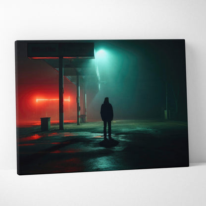 Surreal neon night canvas art of lone man in fog under teal crimson lights