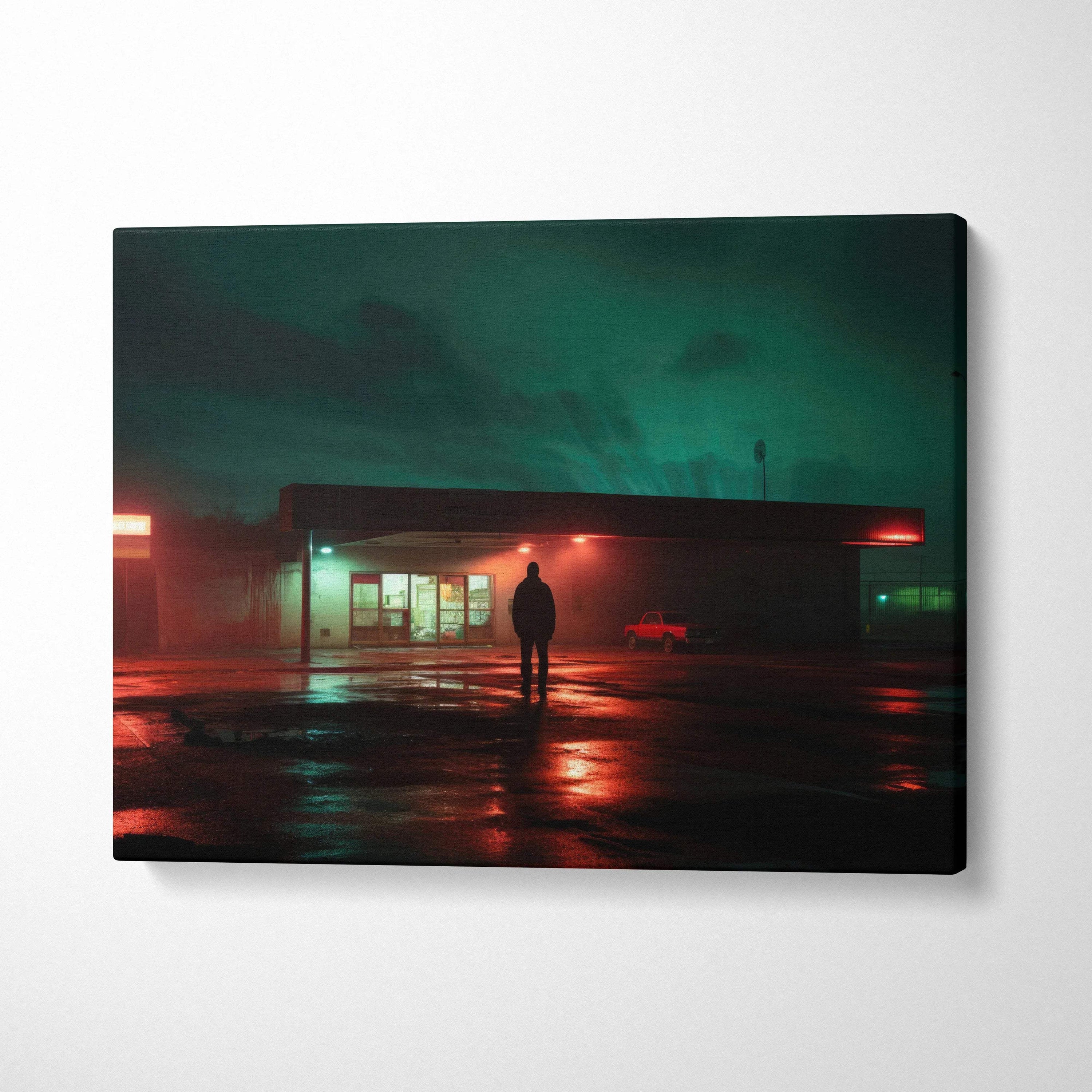 Nocturnal neon noir canvas print: lone man at rainy gas station in teal red lights