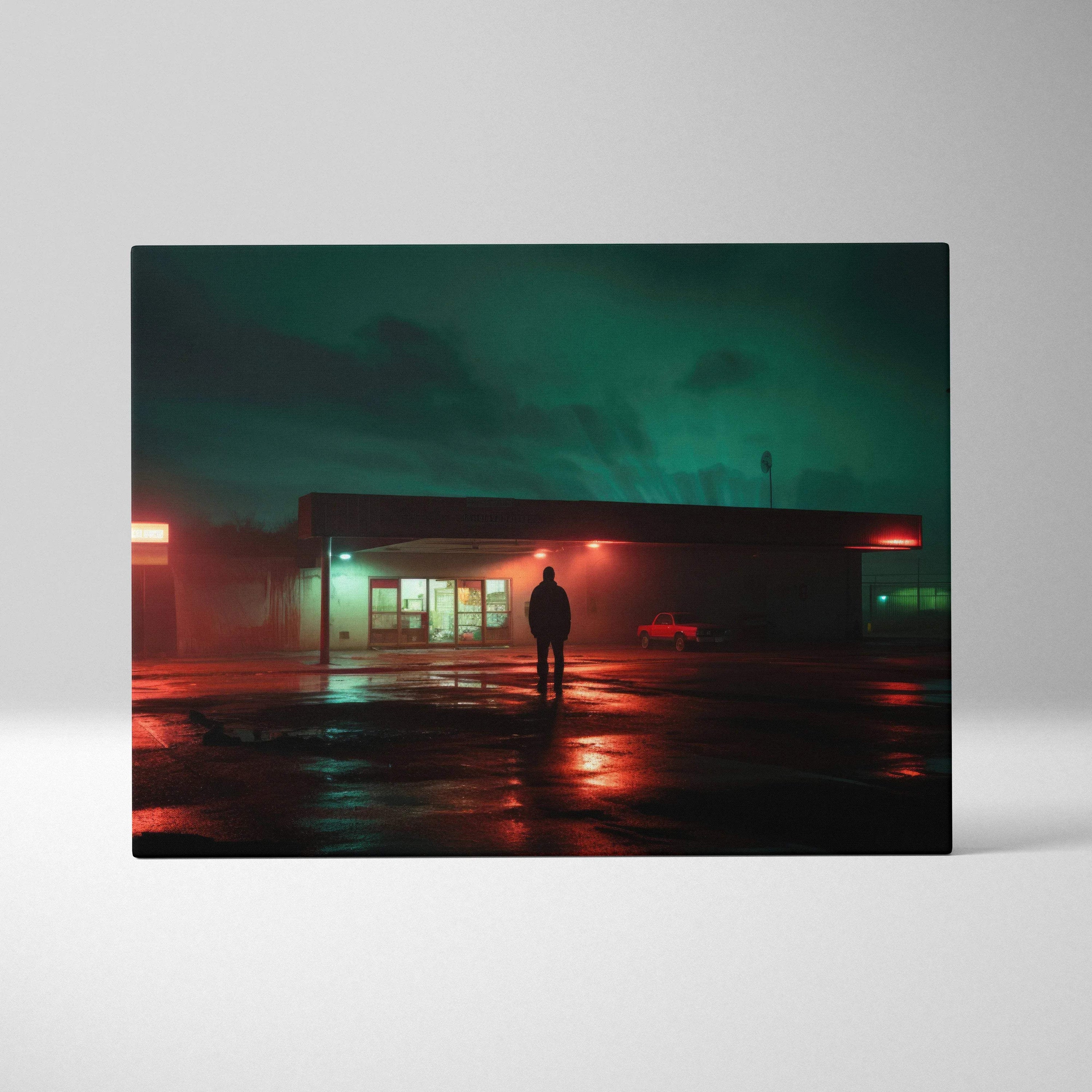 Nocturnal Neon Noir canvas art: lone man at rainy gas station with teal red reflections