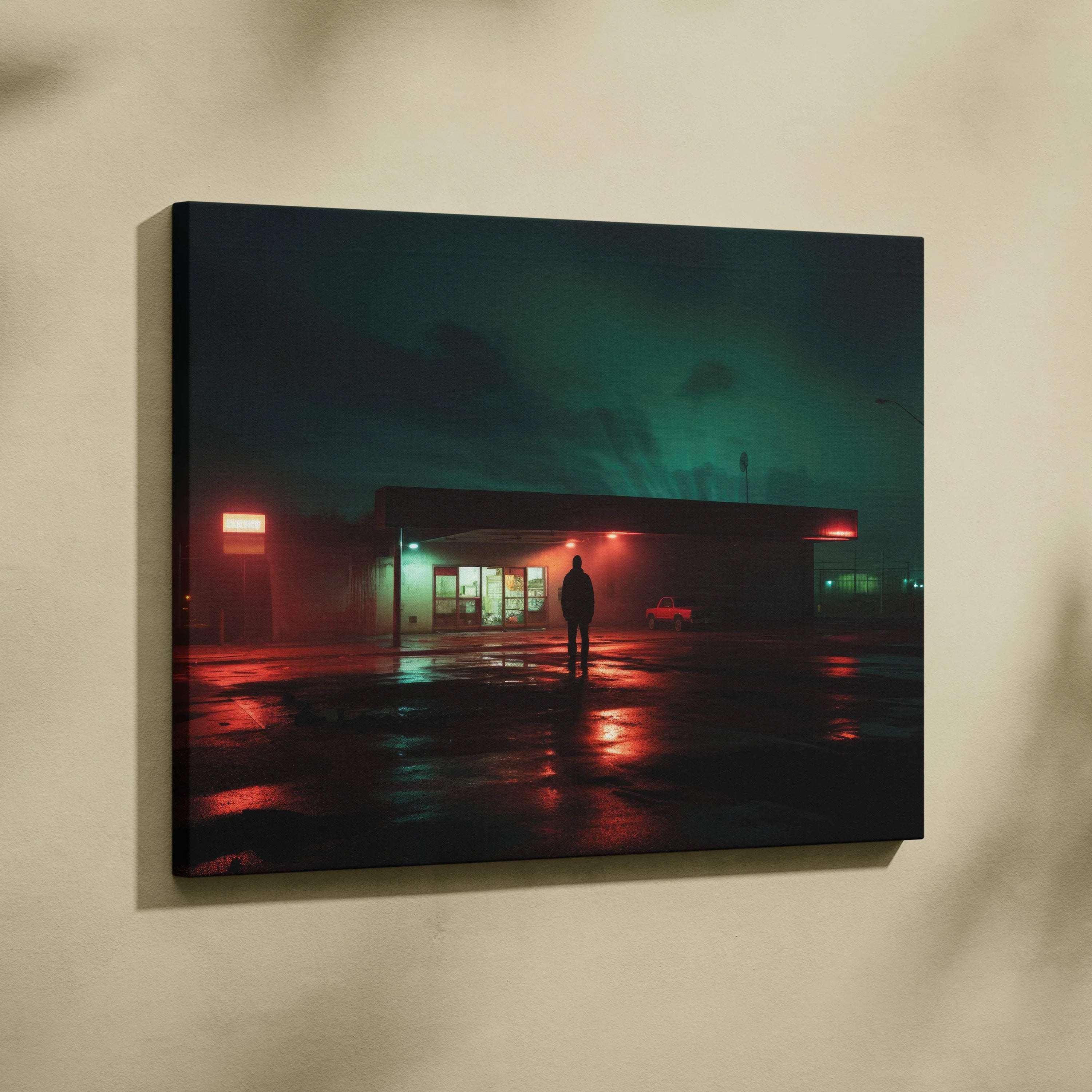 Nocturnal Neon Noir canvas art: lone man at rainy gas station with teal red neon reflections