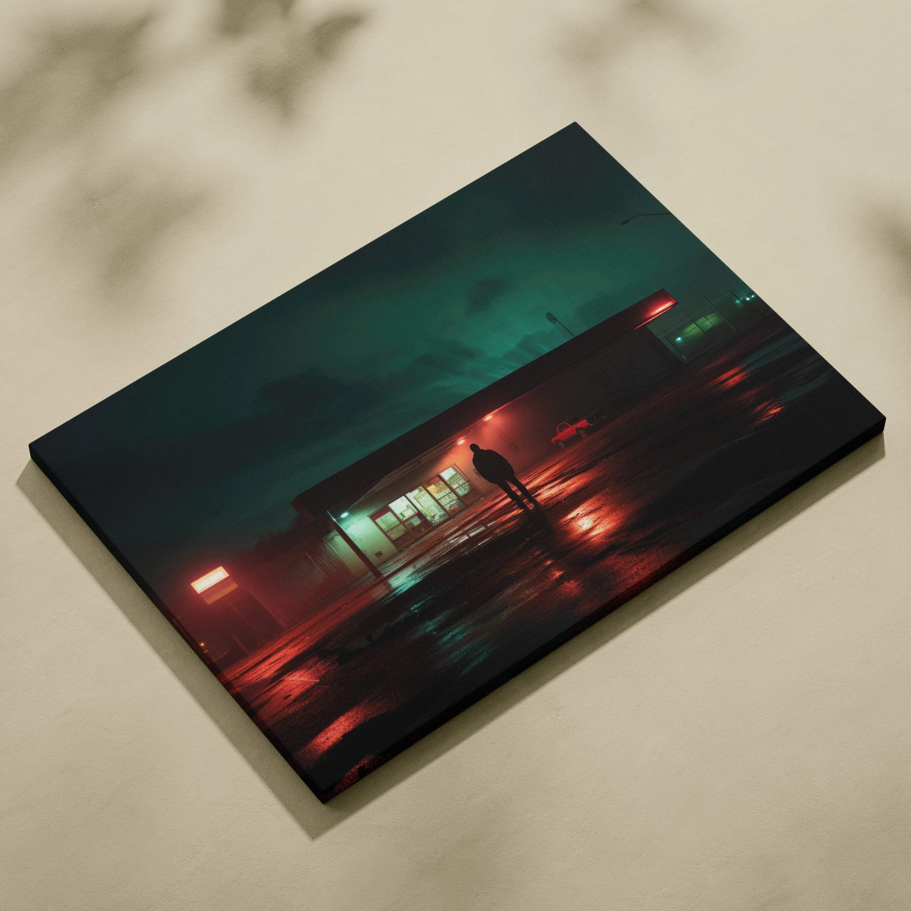 Nocturnal Neon Noir canvas print: lone man at rainy gas station with teal red neon reflections