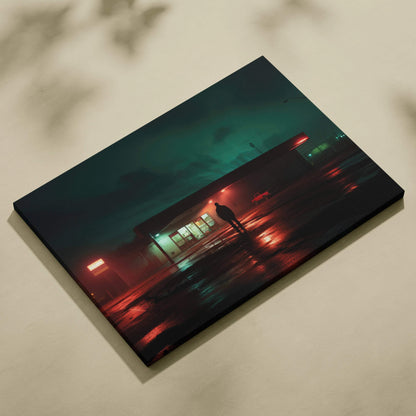 Nocturnal Neon Noir canvas print: lone man at rainy gas station with teal red neon reflections