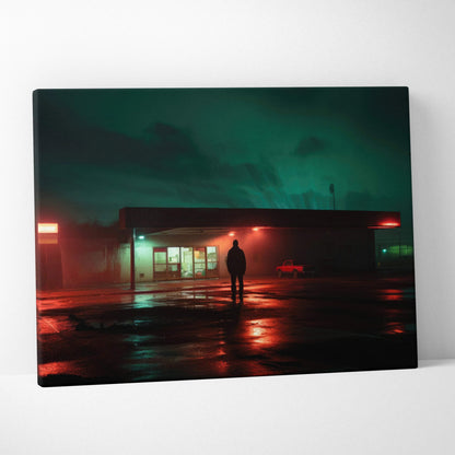 Lone man at rainy neon gas station canvas art, teal red reflections