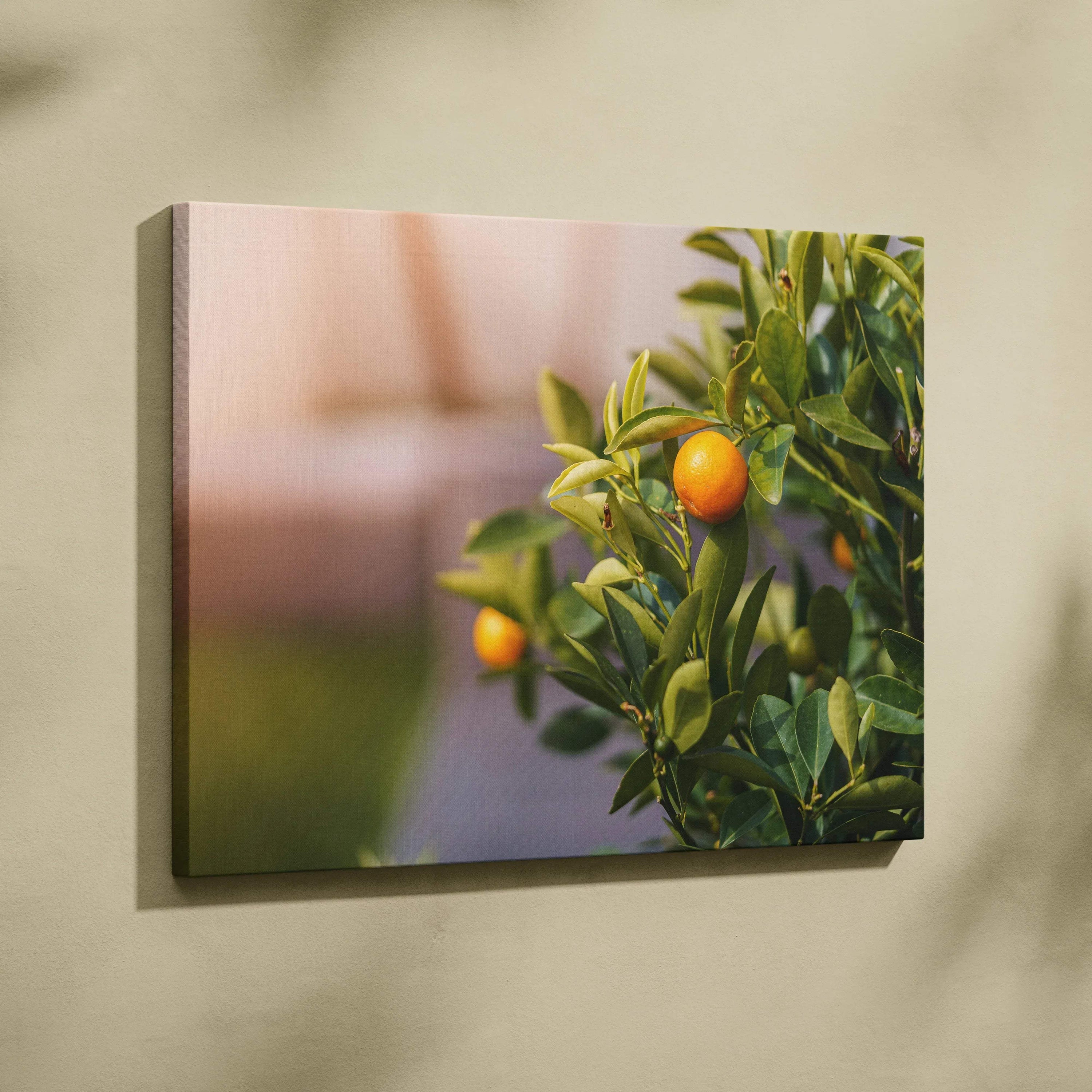 Canvas wall art featuring vibrant mandarin tree with ripe oranges and green leaves for home decor.