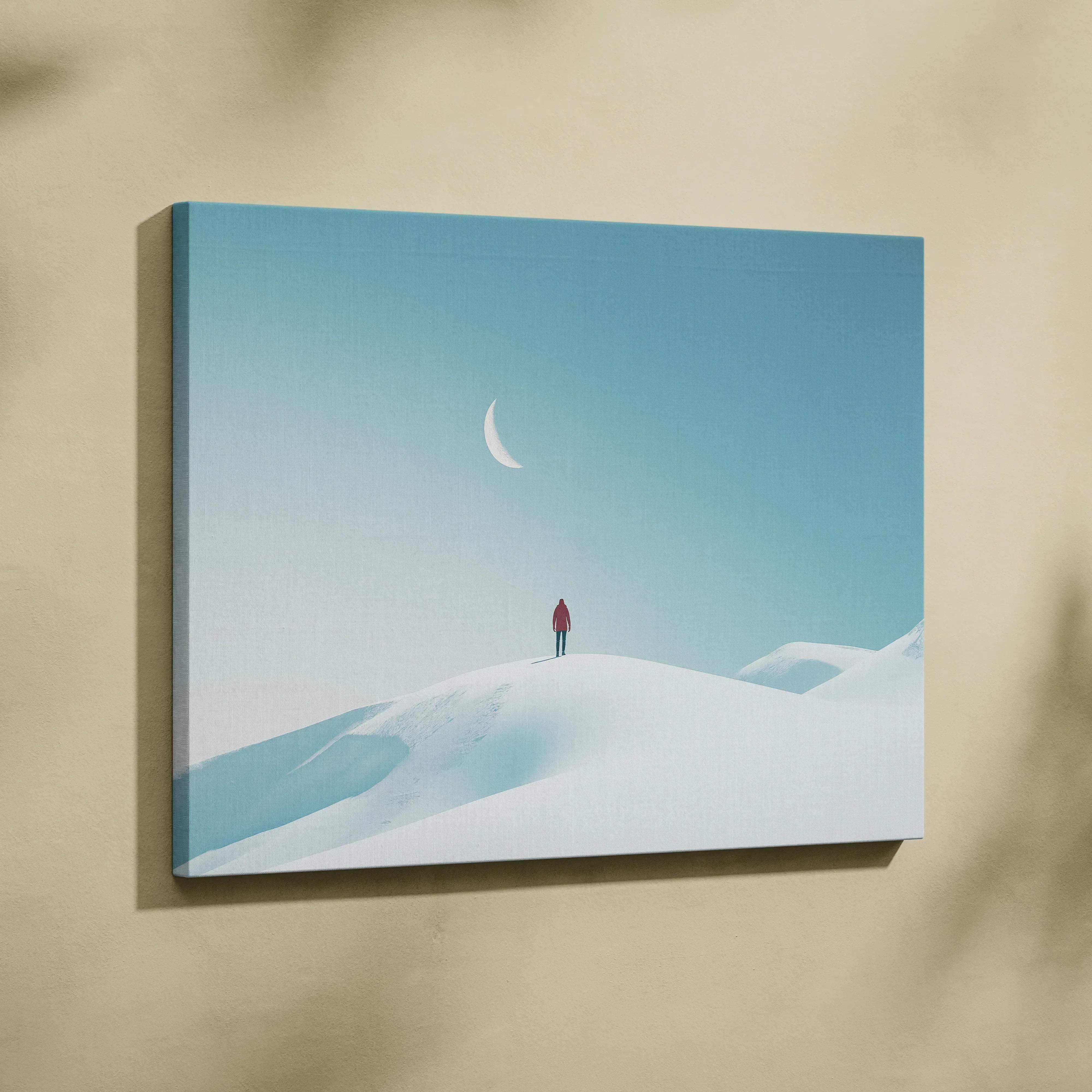 Minimalist winter scene canvas wall art featuring a lone man in red on snowy dunes under a crescent moon