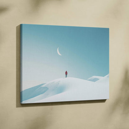 Canvas wall art of a lone figure in red standing on a snowy hill under a pale crescent moon against a soft blue sky.