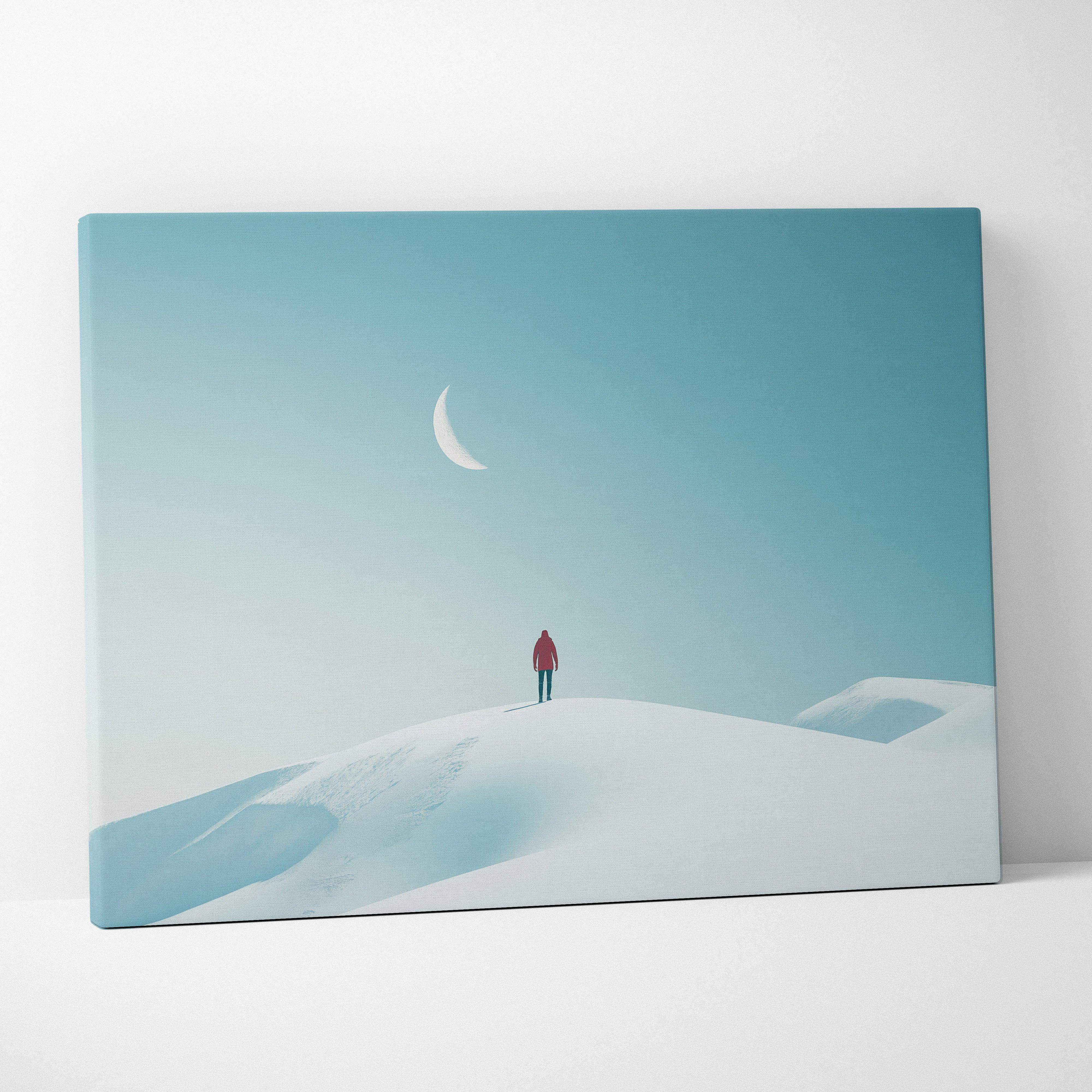 Minimalist winter scene canvas wall art featuring a lone man in red on snowy hill under crescent moon in calm blue tones