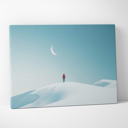 Canvas wall art showing a lone figure in red standing on a snowy hill under a crescent moon with a pale blue sky.