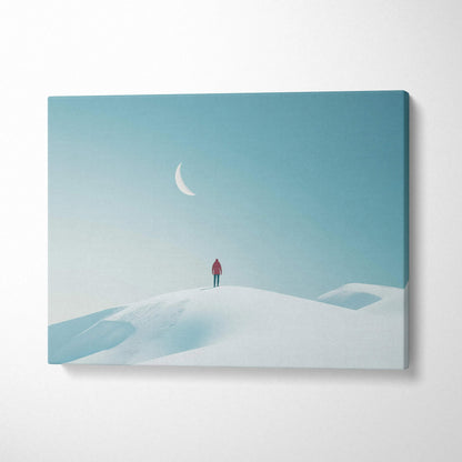 Canvas wall art of a lone figure in red on a snowy hill beneath a glowing crescent moon.