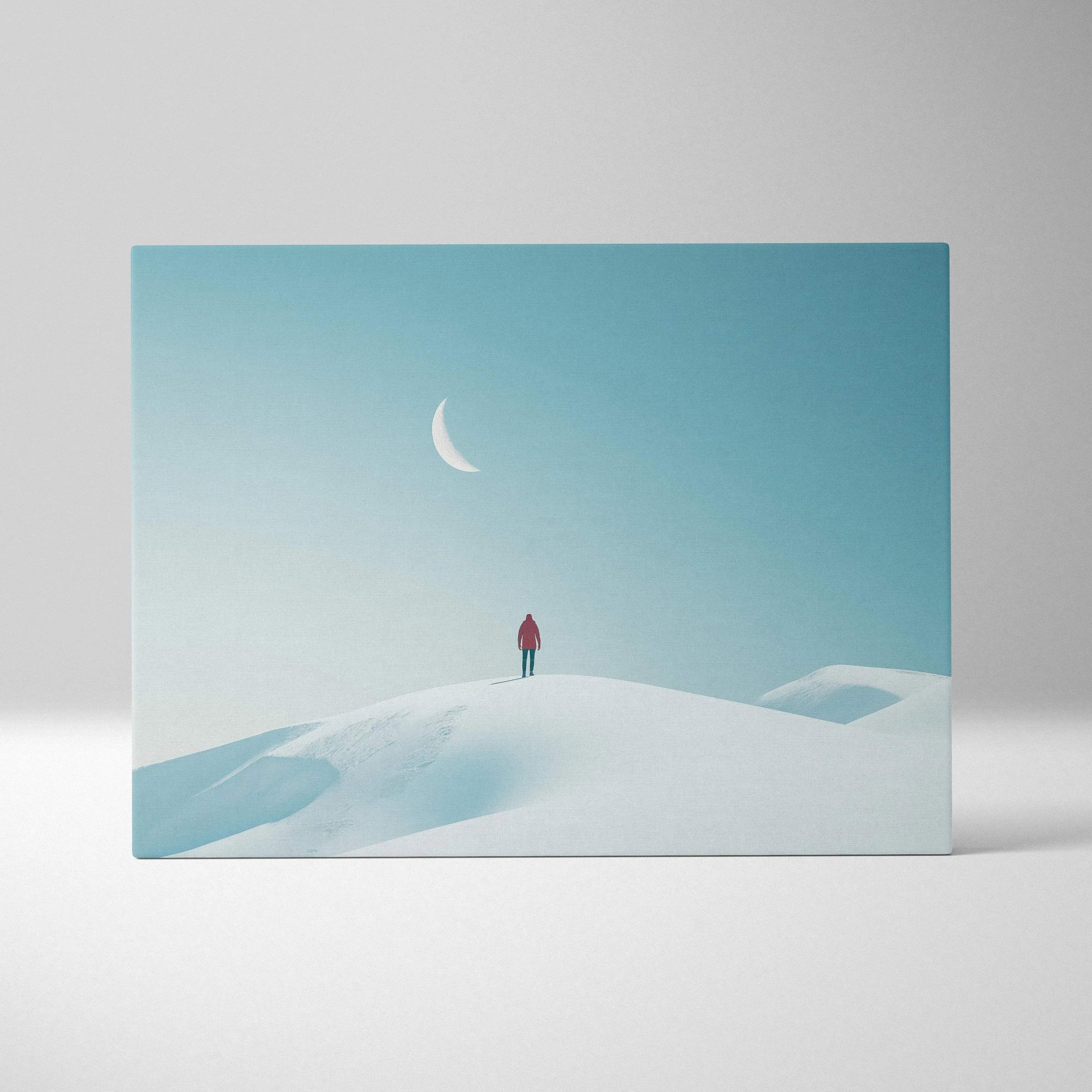 Canvas wall art featuring minimalist digital art of a lone figure in red standing on a snowy hill under a crescent moon.