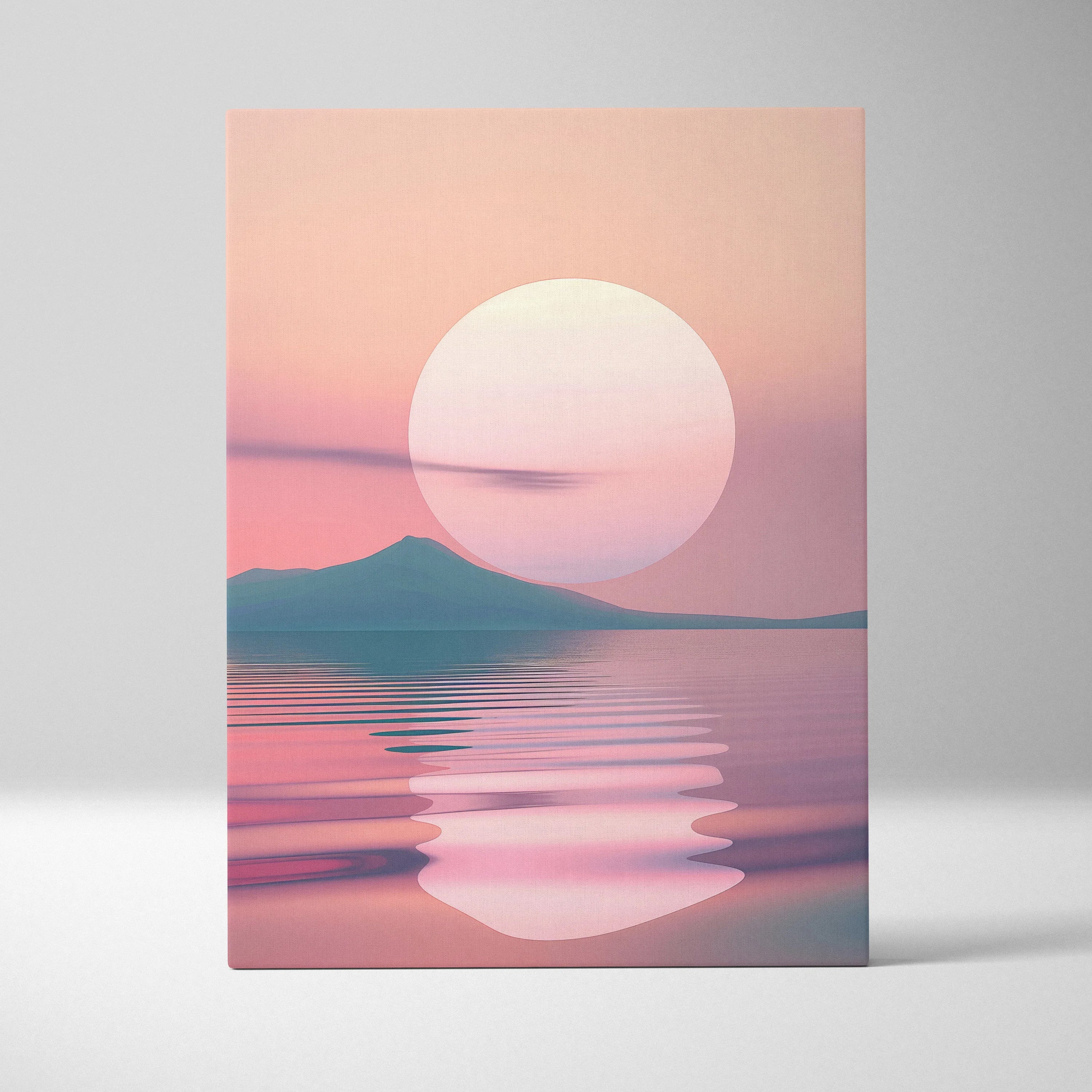 Minimalist digital art print on canvas showing a large sun setting over calm sea with soft pink and purple tones, perfect.