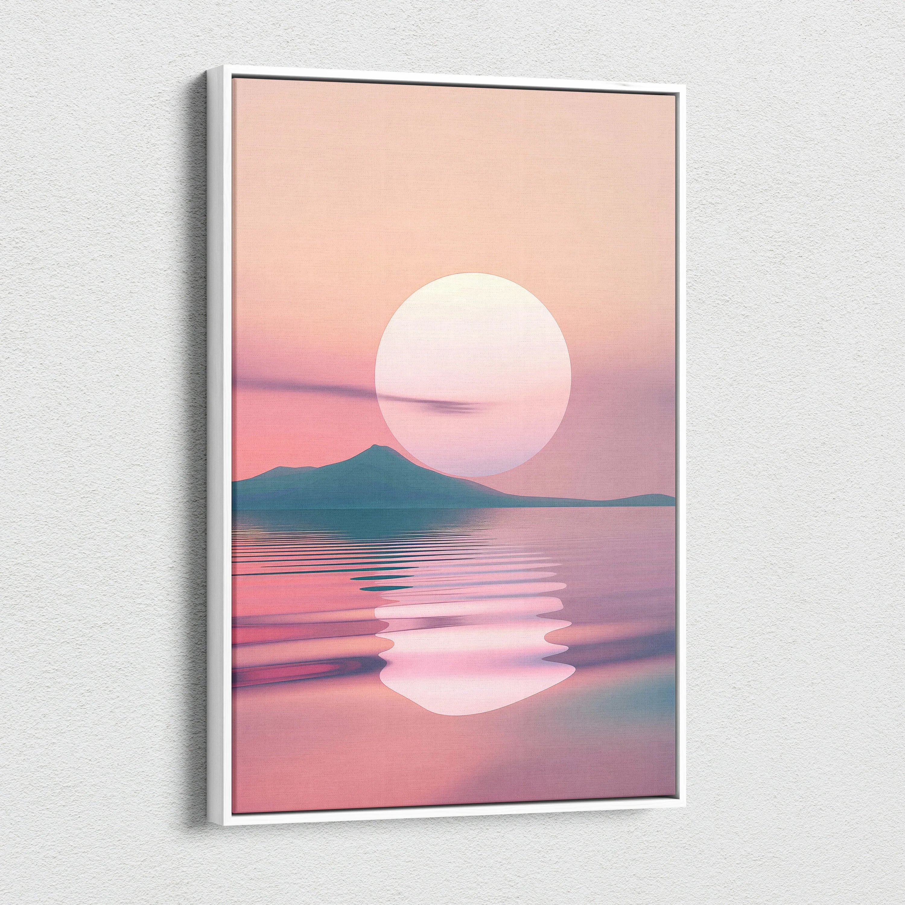 Minimalist canvas wall art featuring a large white sun setting over calm purple and pink sea with mountain silhouette.