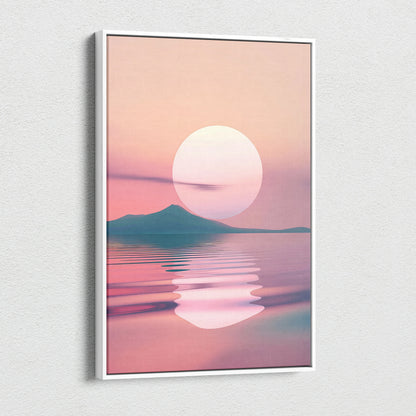 Minimalist canvas wall art featuring a large white sun setting over calm purple and pink sea with mountain silhouette.