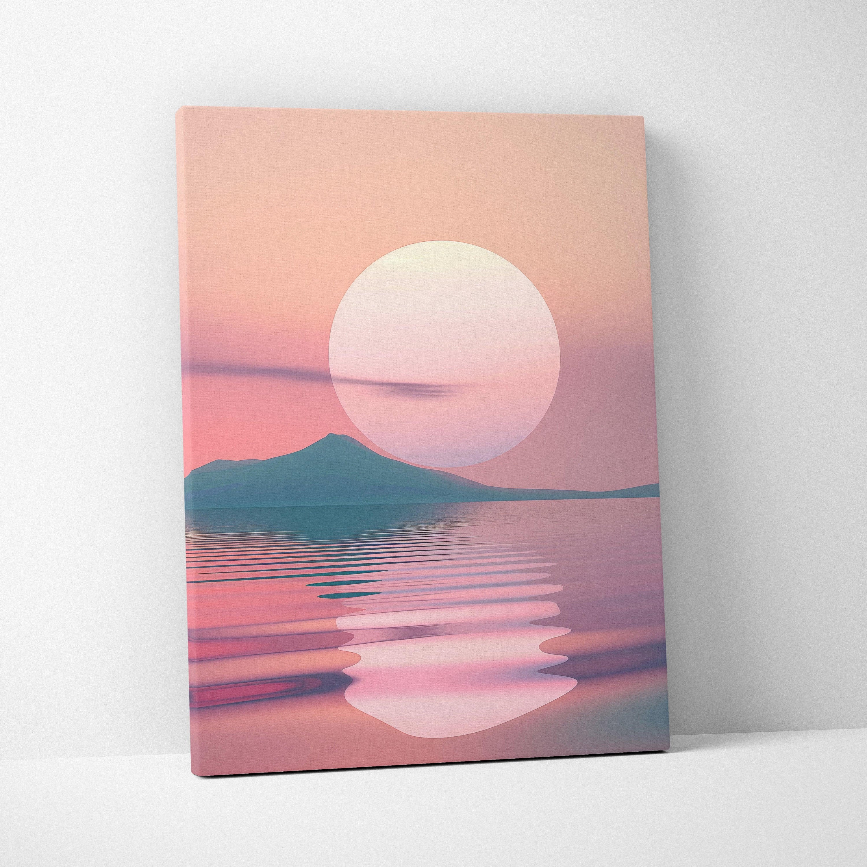Minimalist digital art print on canvas featuring a large pale sun setting over calm sea with soft pink and purple hues, wall .