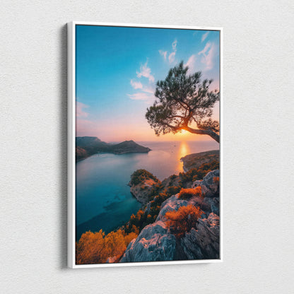 Sunset beach scene canvas art with rocky cliff, silhouetted tree, and vibrant sky colors.