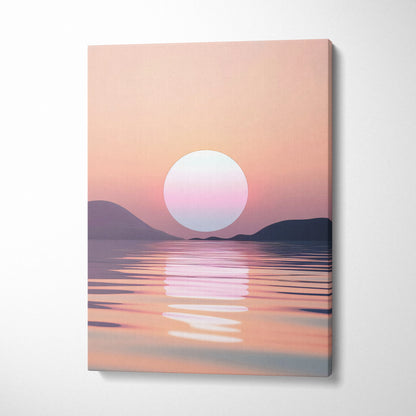 Minimalist digital canvas wall art featuring serene sunset over calm sea with soft pastel tones.
