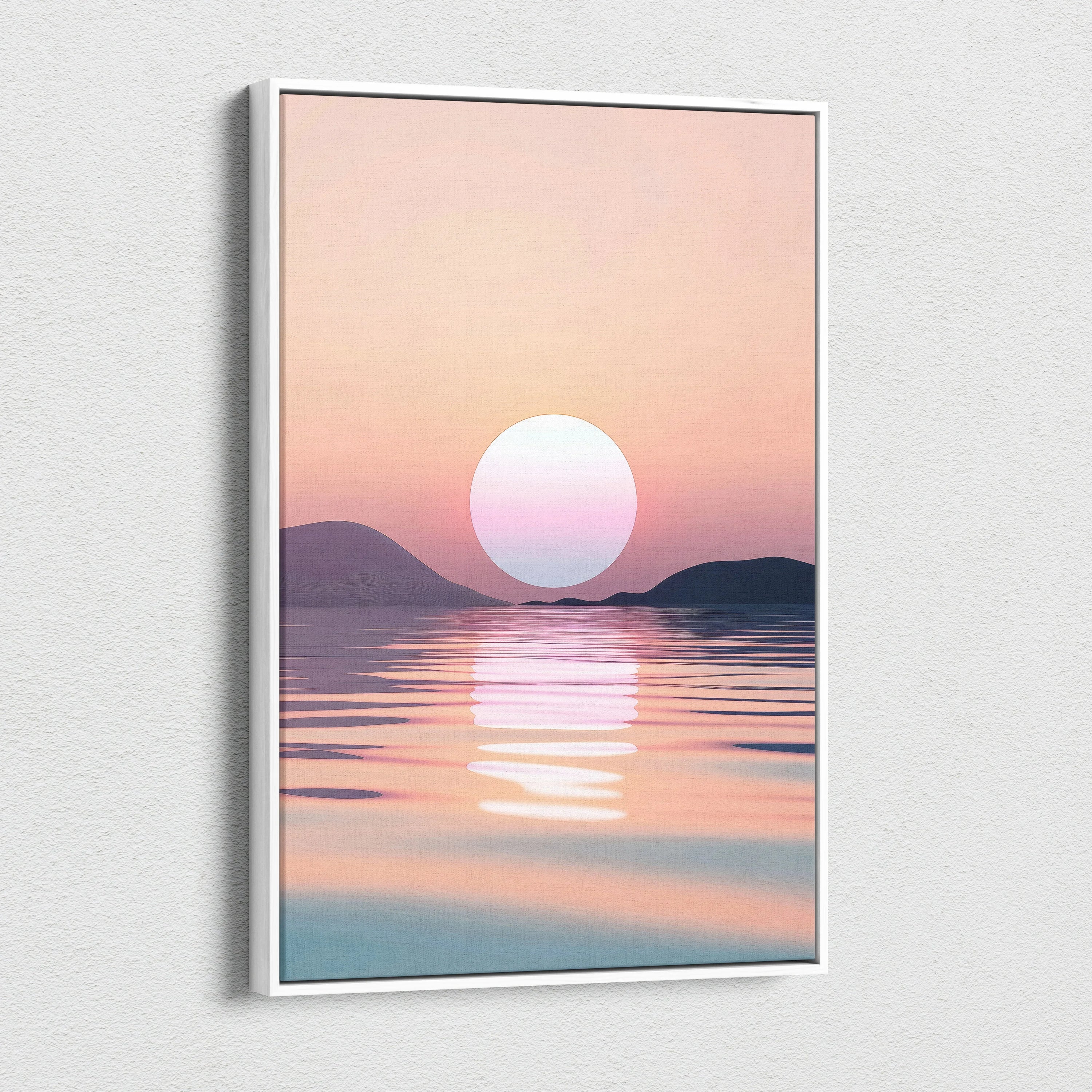 Minimalist canvas wall art featuring a large white sun setting over calm, reflective sea with soft pink and purple gradient.