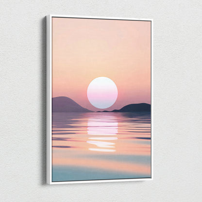 Minimalist canvas wall art featuring a large white sun setting over calm, reflective sea with soft pink and purple gradient.